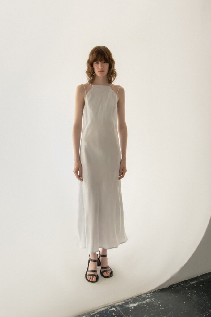 white silk sleeveless dress