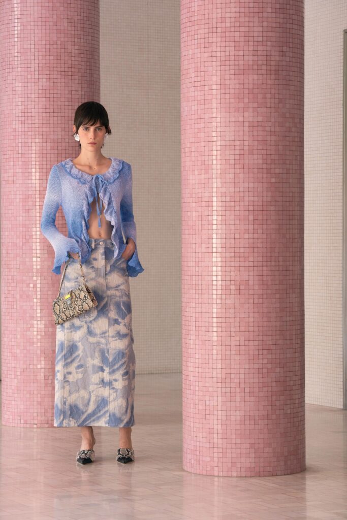 blue fitted top and midi skirt