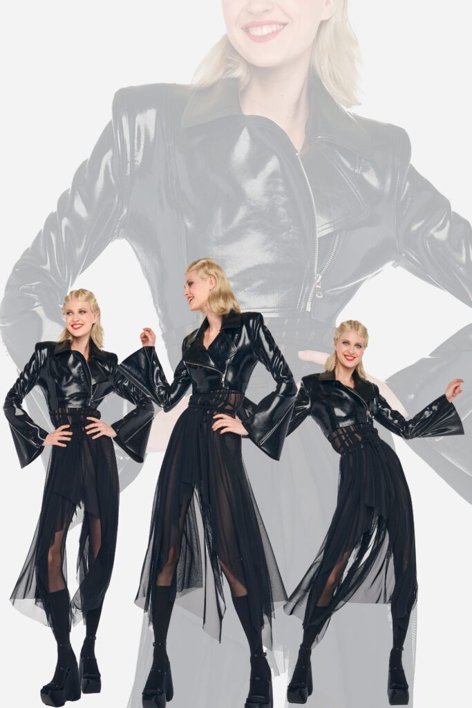 A fitted black leather dress with a sleeveless design and an asymmetric silhouette.