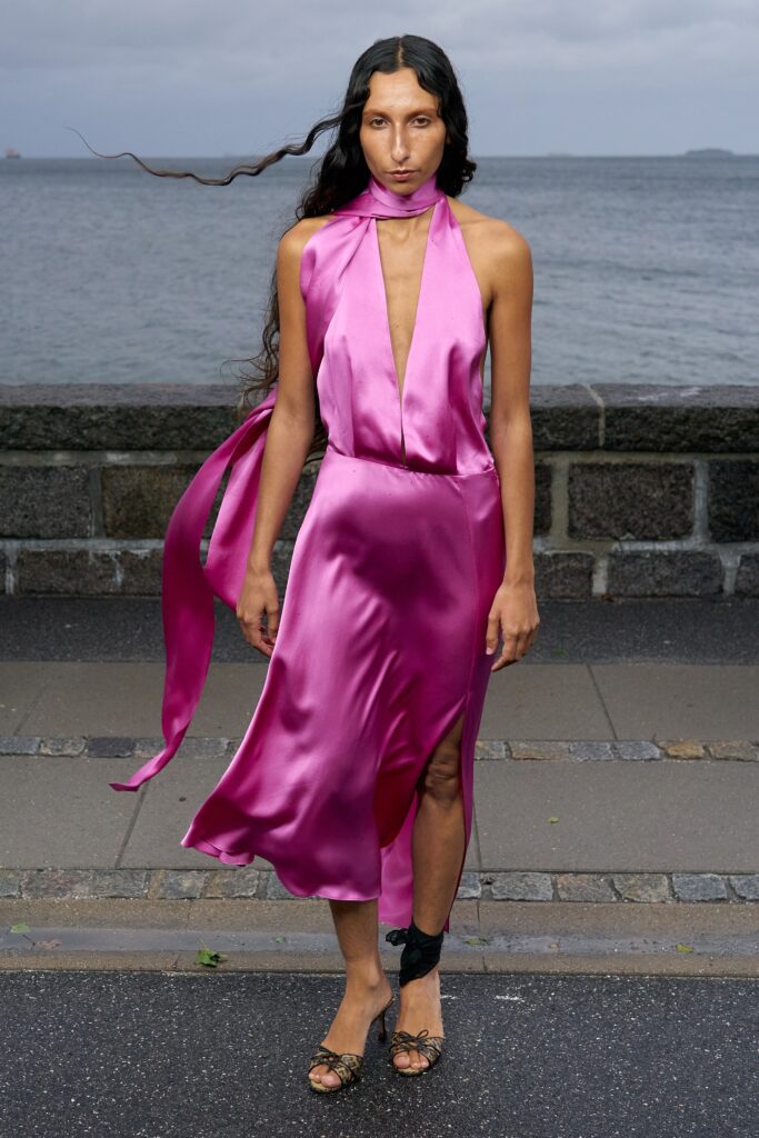 fitted pink silk dress