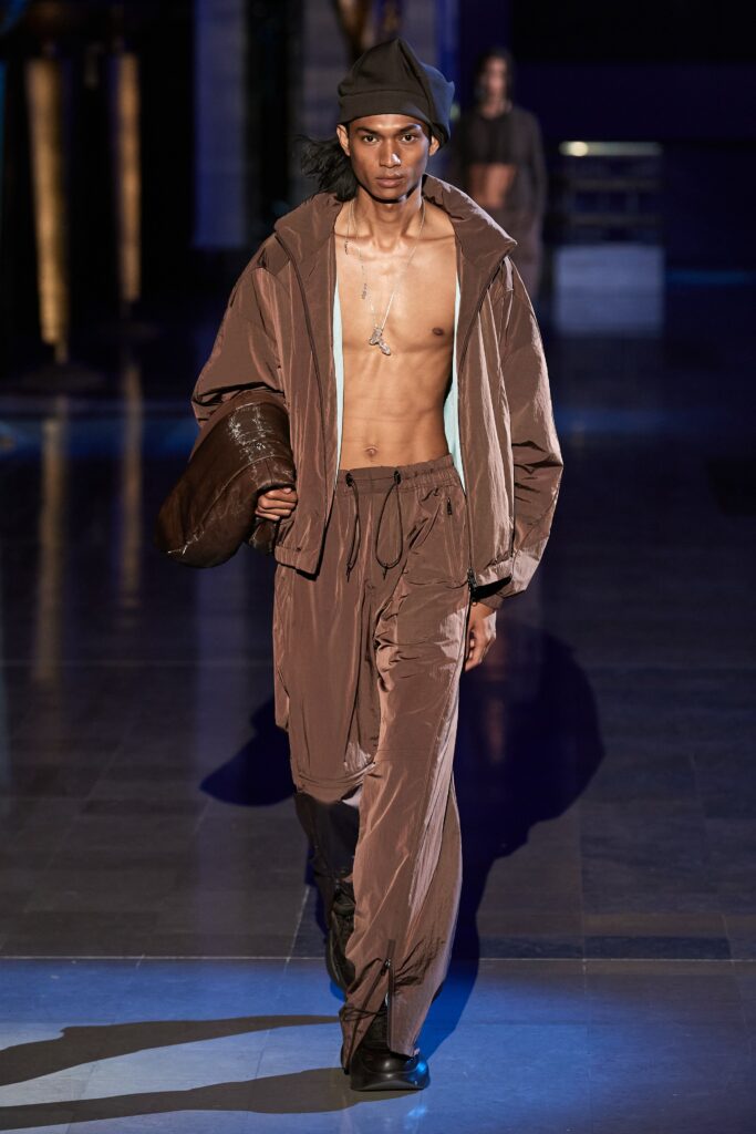 brown silk relaxed jacket and pants