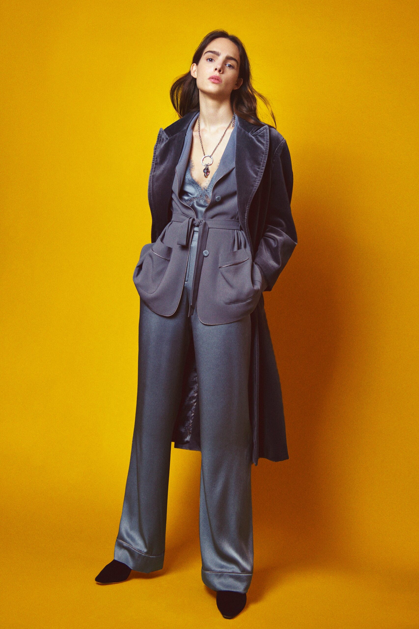 gray satin coat and blazer