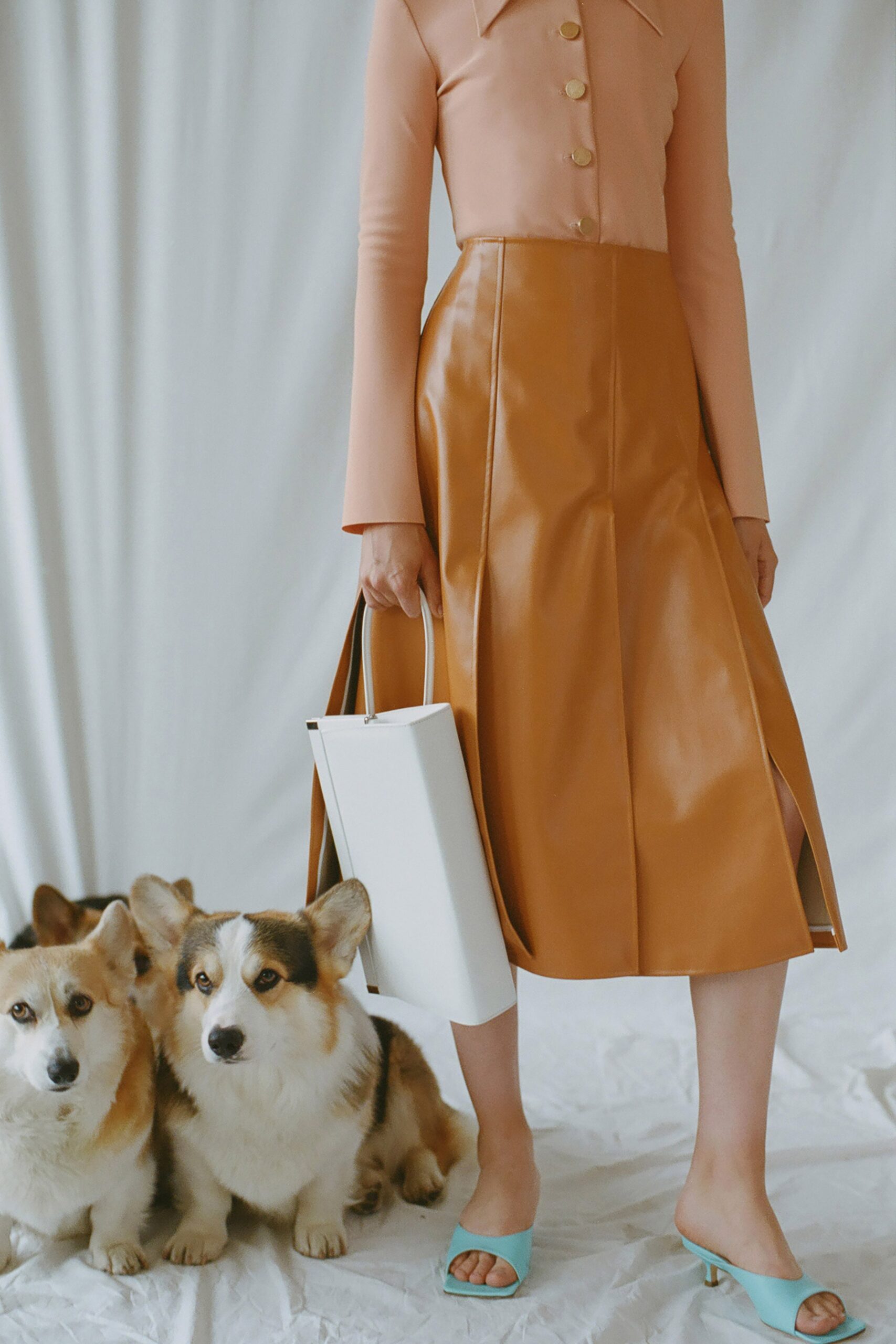 brown leather slit fitted high-waisted pleated midi skirt