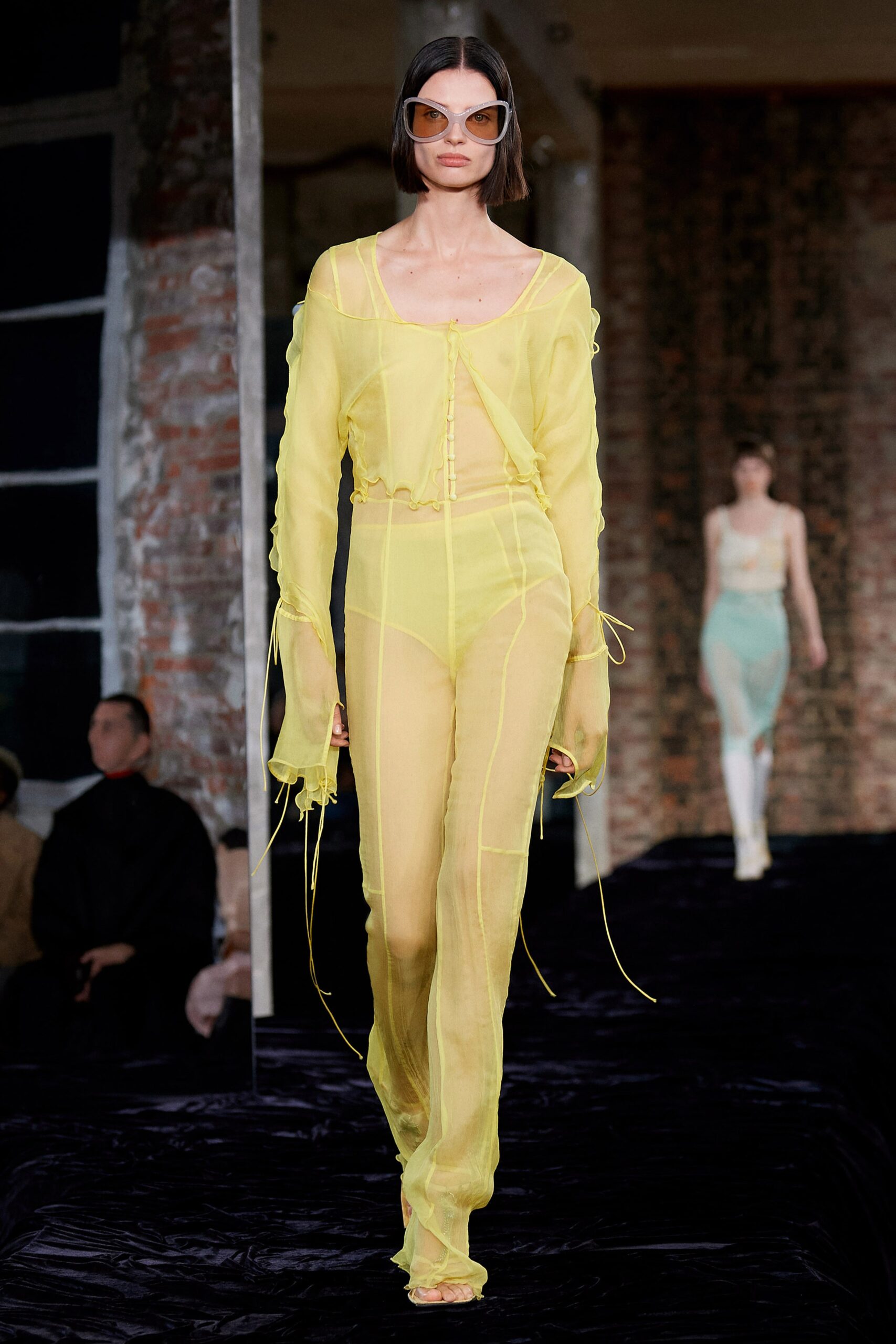 yellow chiffon fitted straight-leg sheer pants