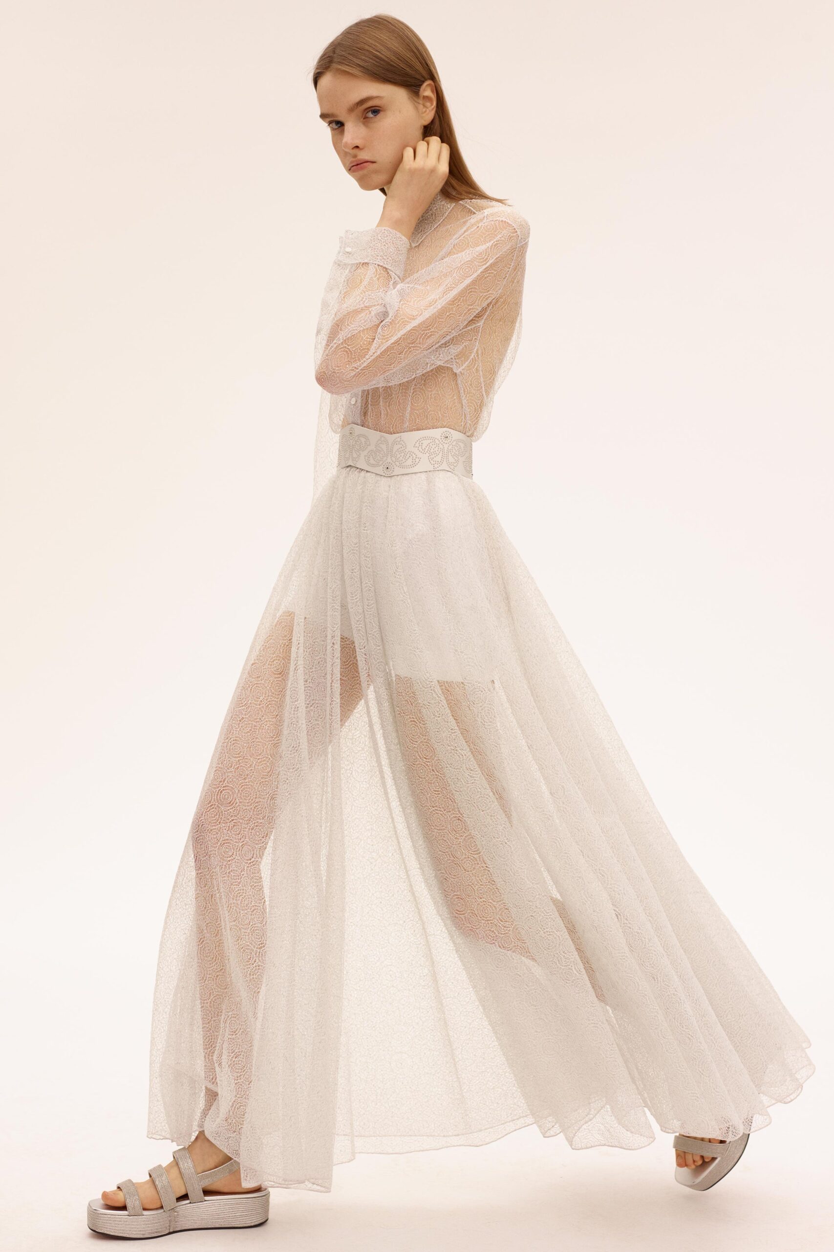 white sheer long-sleeve dress