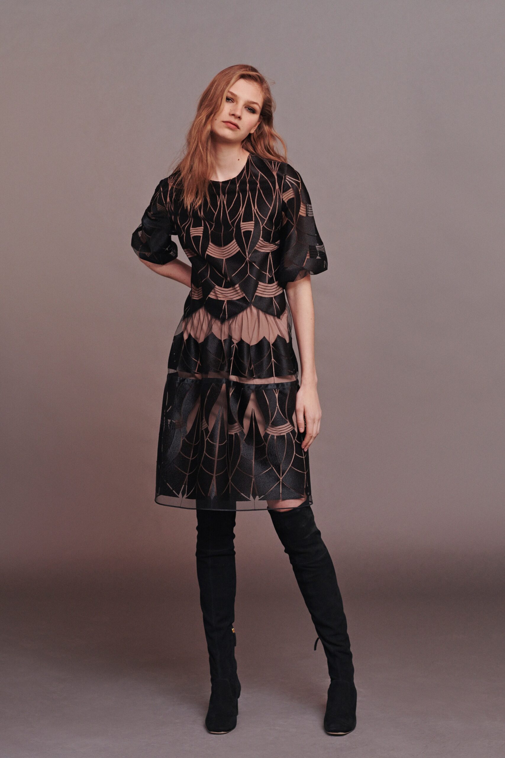 black silk embroidered midi dress with boots