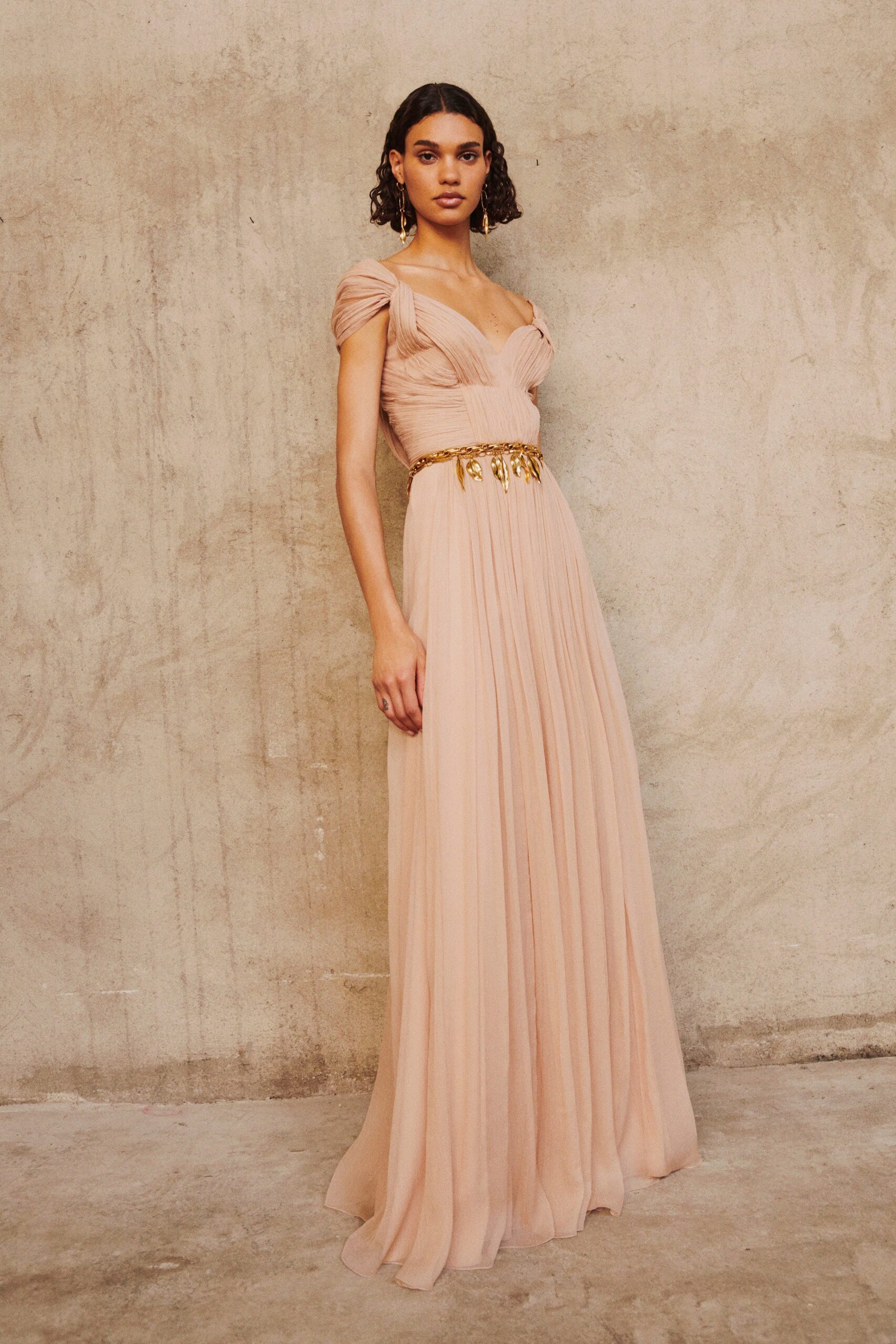 beige silk fitted gown