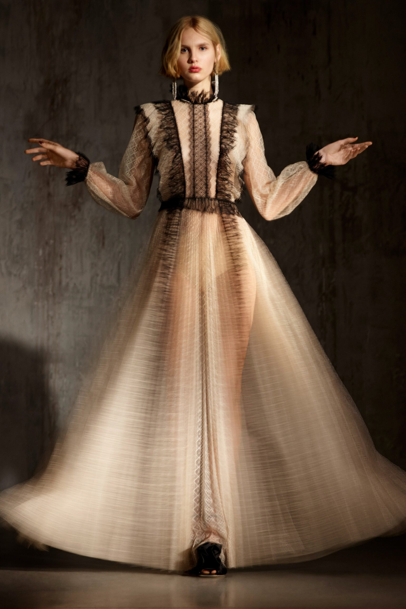 beige tulle long-sleeve gown