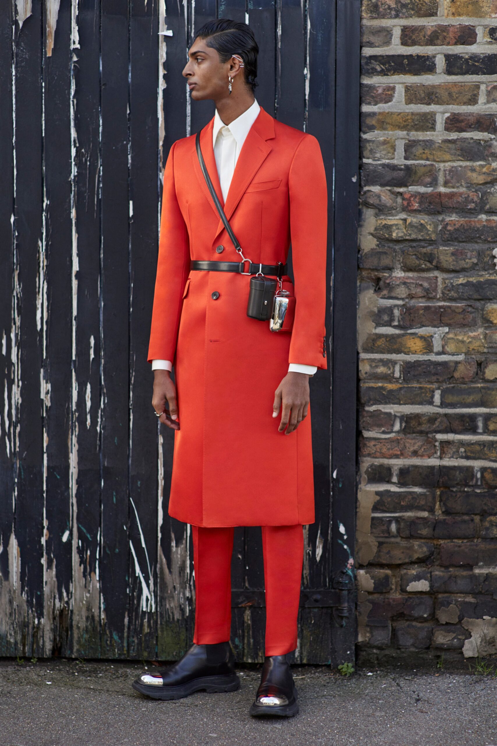 red vinyl long-sleeve collared tailored zippered midi trench