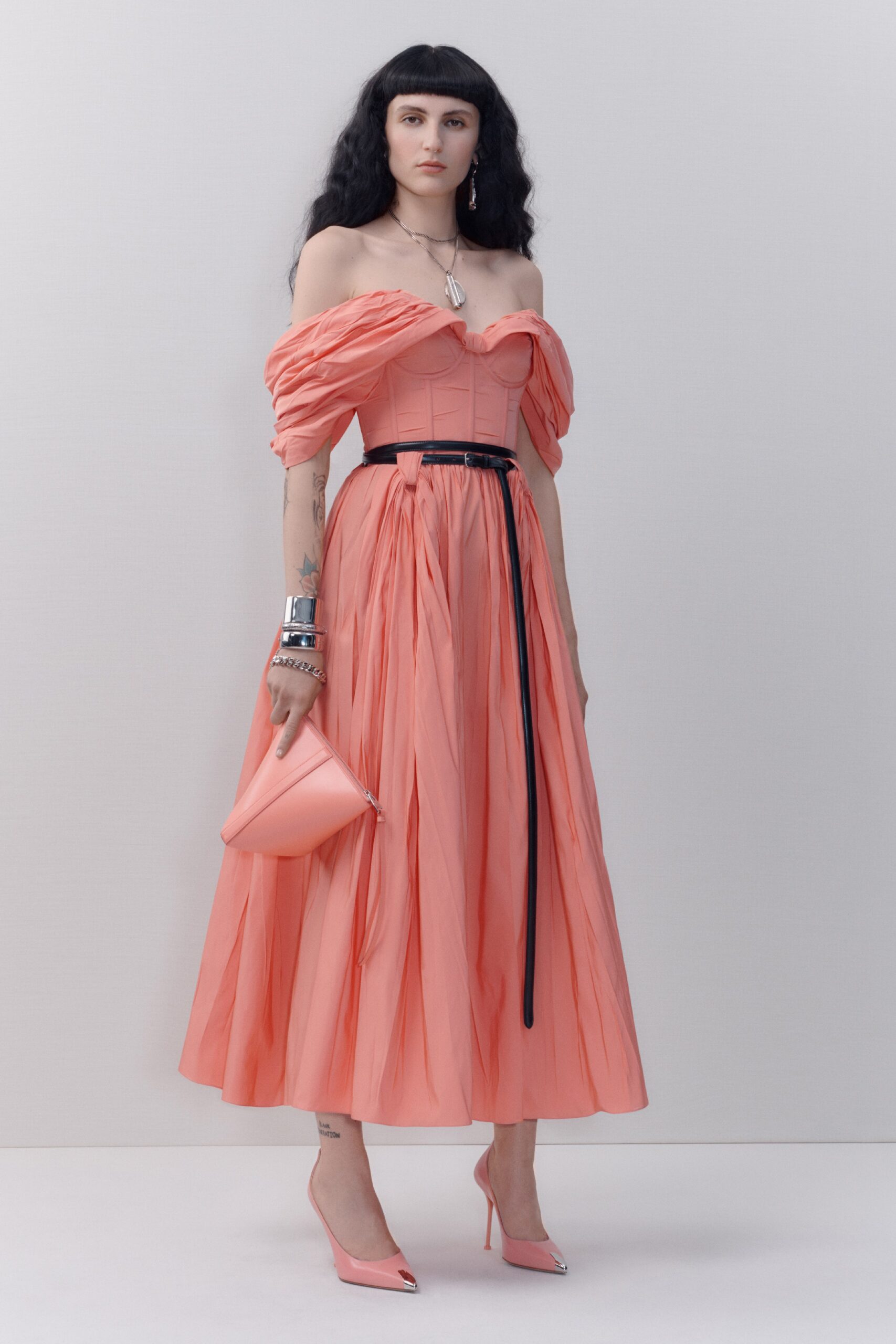 pink off-shoulder pleated dress