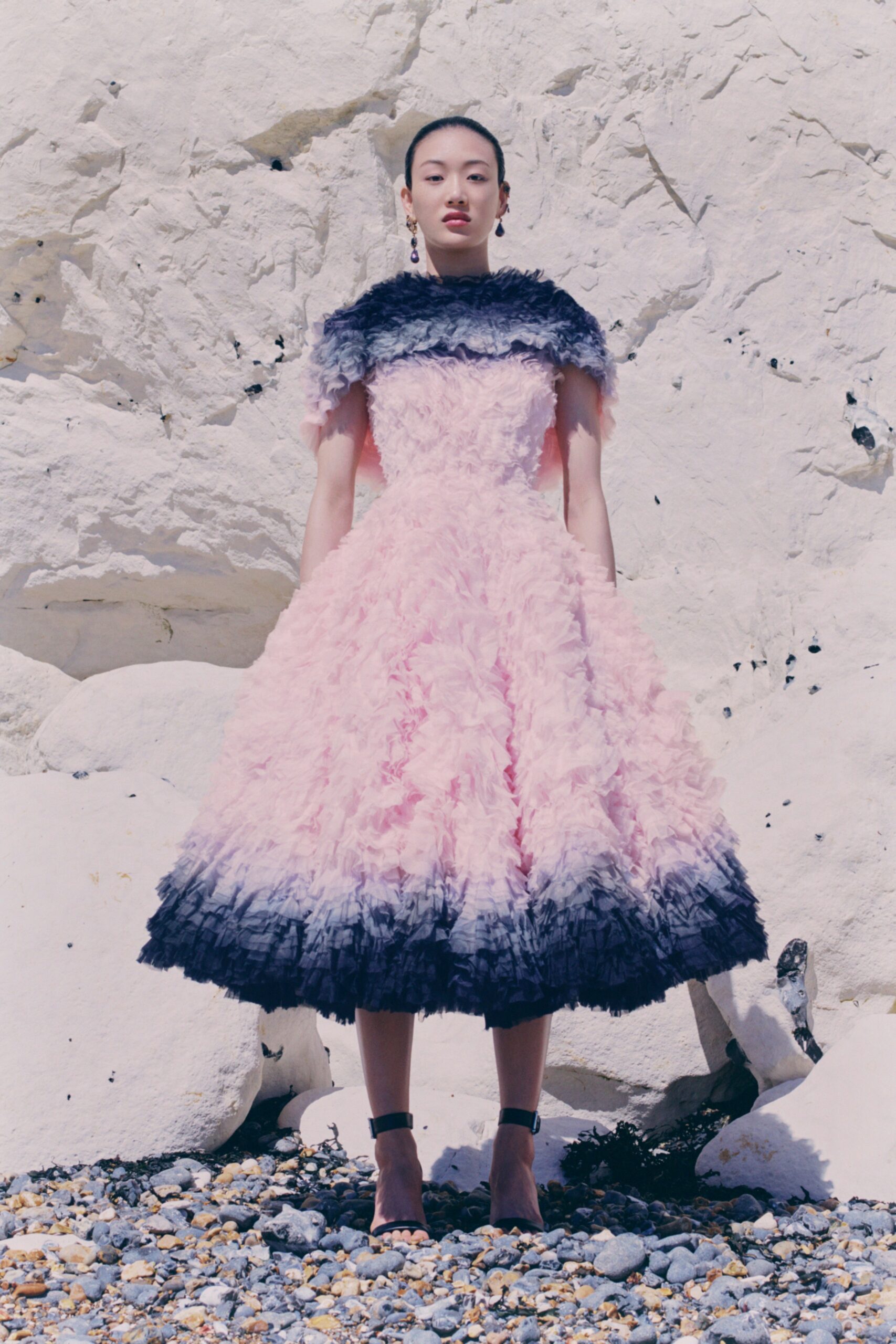 pink and black ruffled midi dress