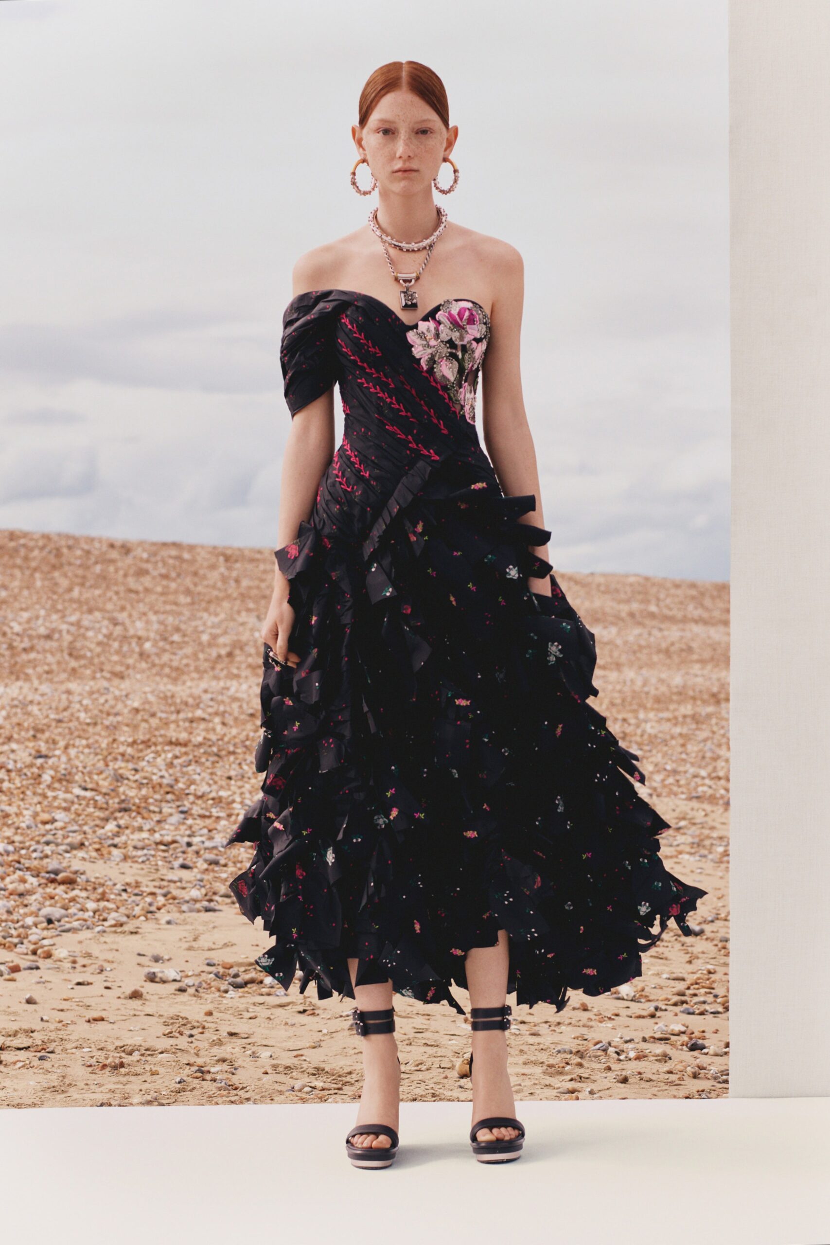 black silk off-shoulder ruffled dress