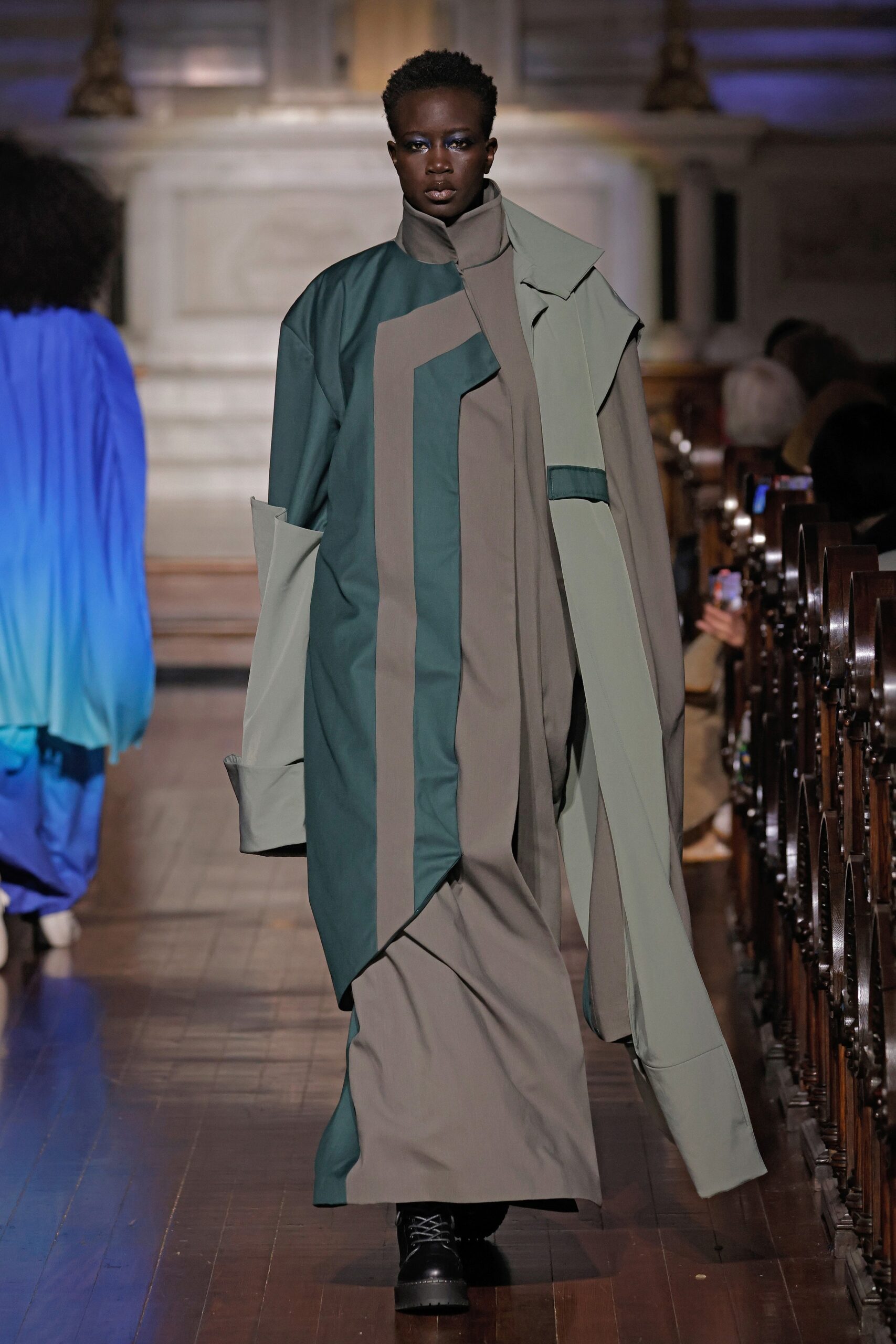 green beige layered maxi dress and oversized coat