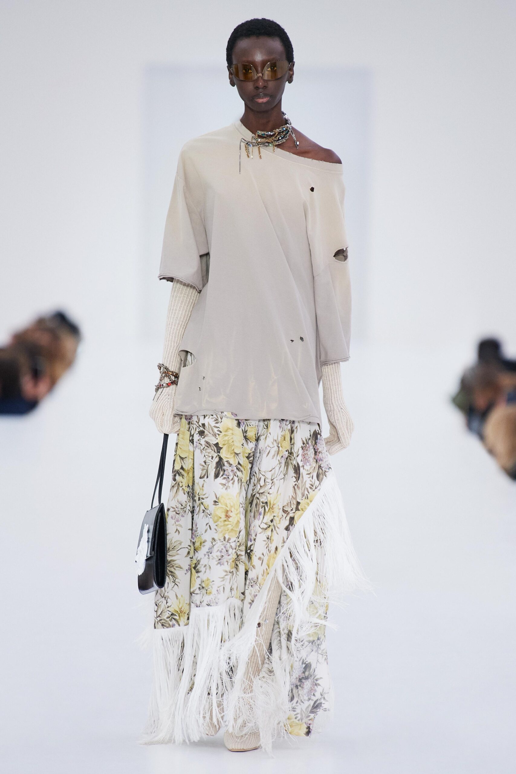 beige off-shoulder top with floral skirt