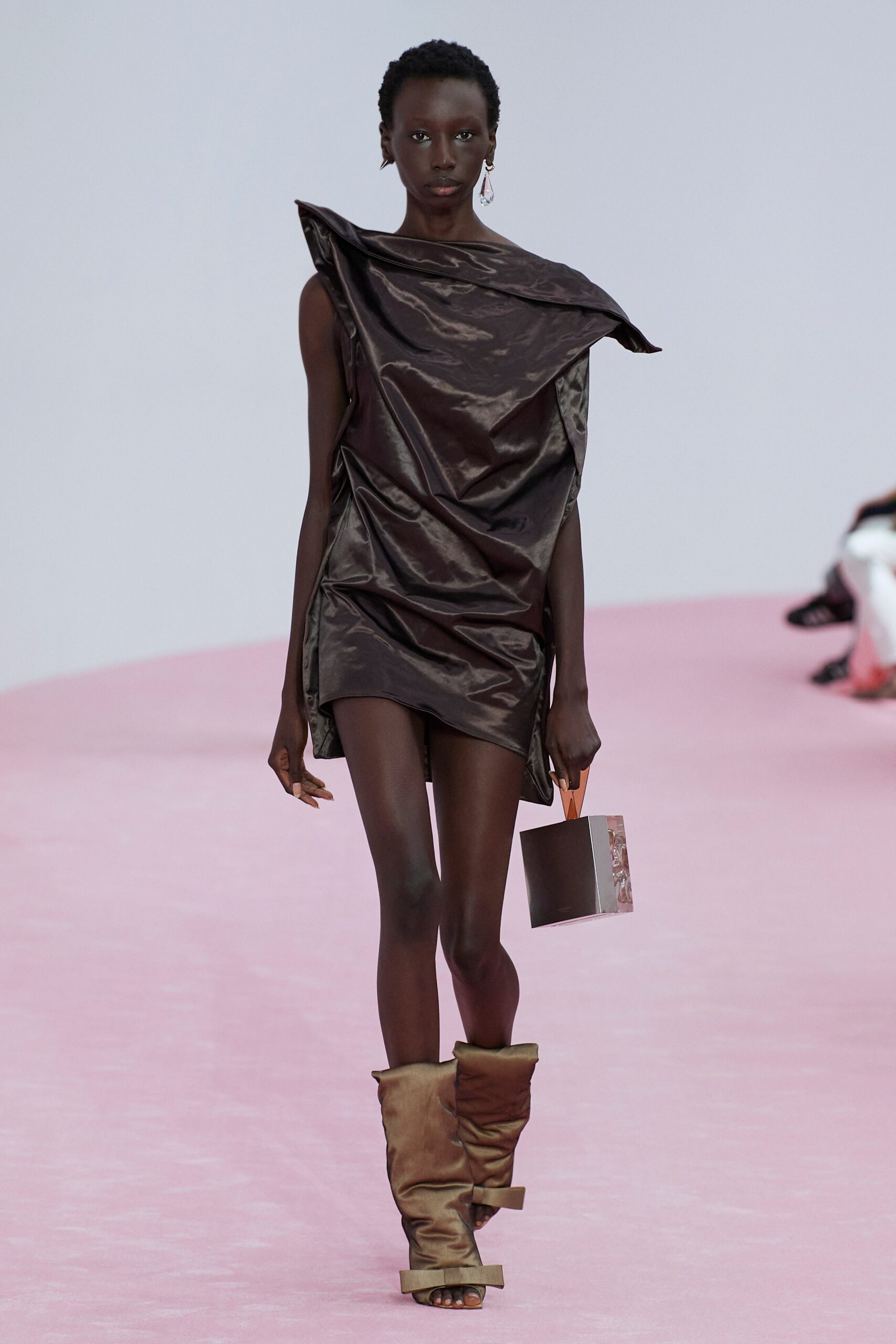 brown silk sleeveless high-neck fitted draped mini dress