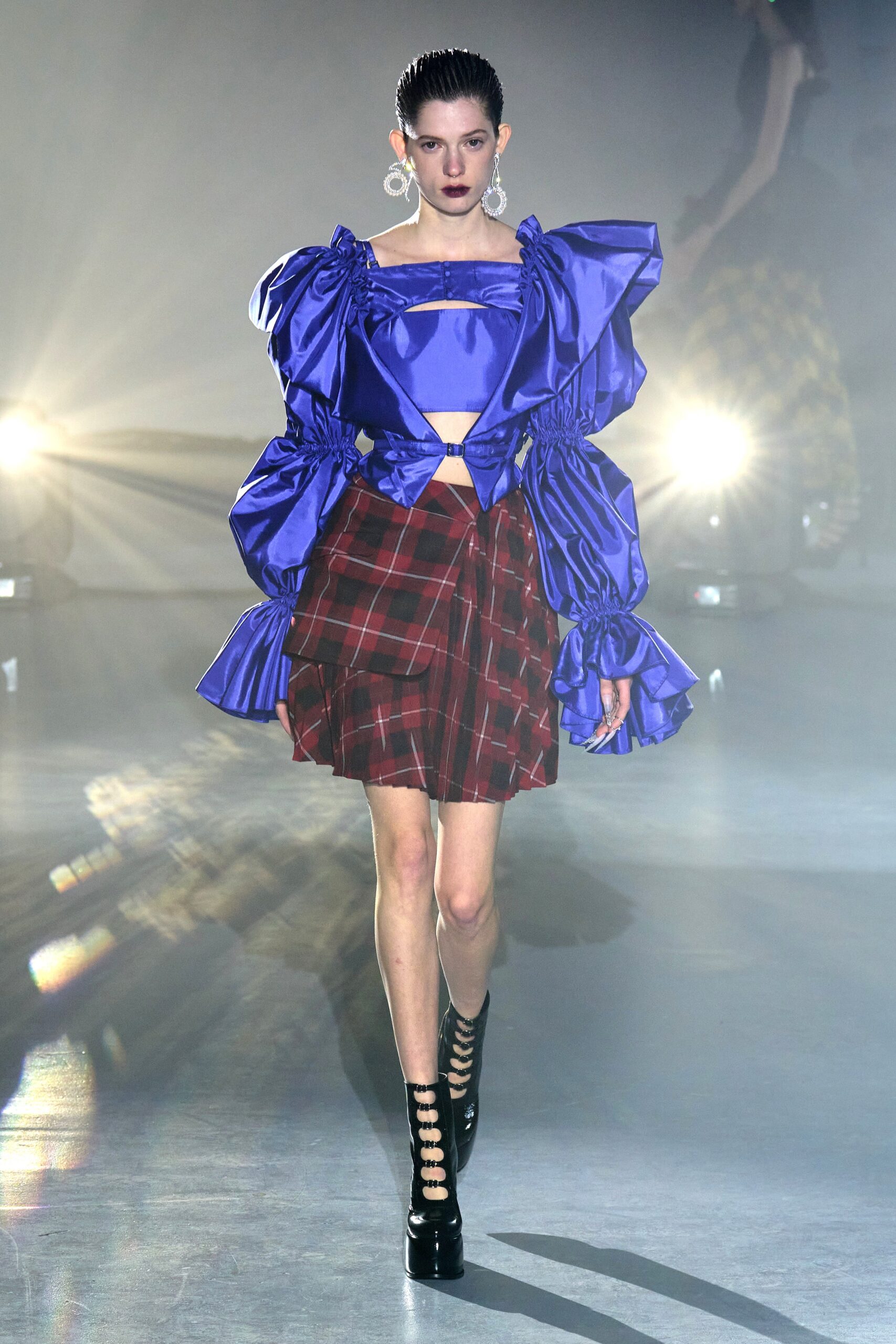 blue silk ruffled top with mini skirt