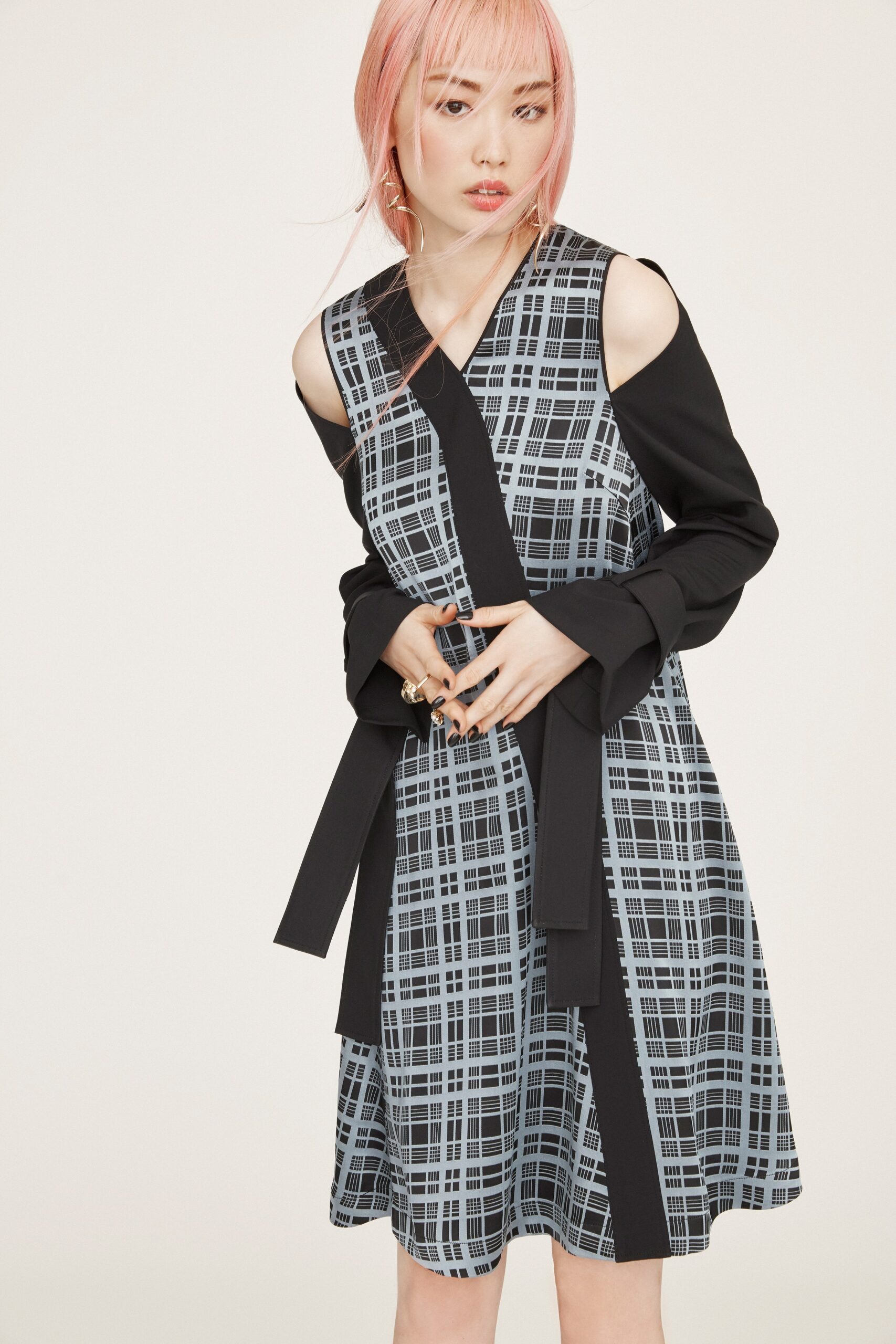 black and blue checked dress with jacket