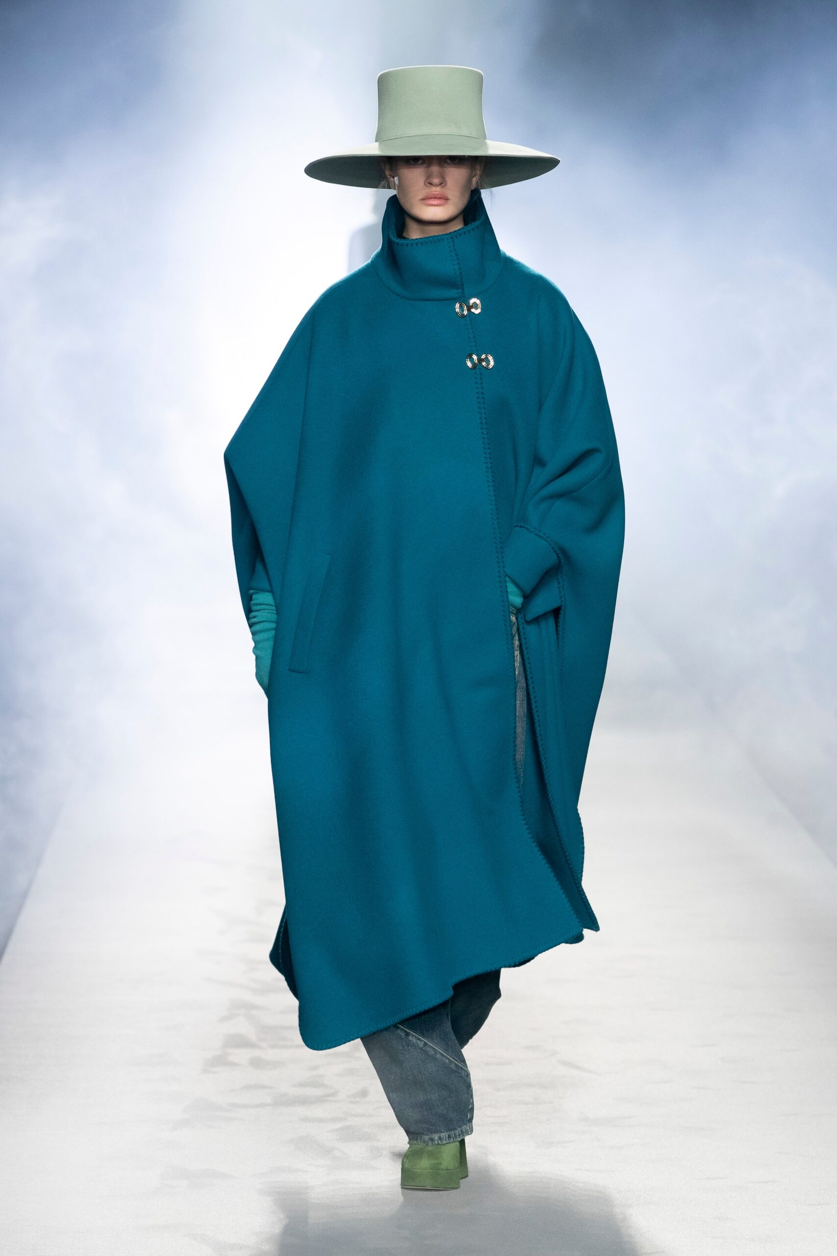 teal wool sleeveless high-neck relaxed zippered poncho