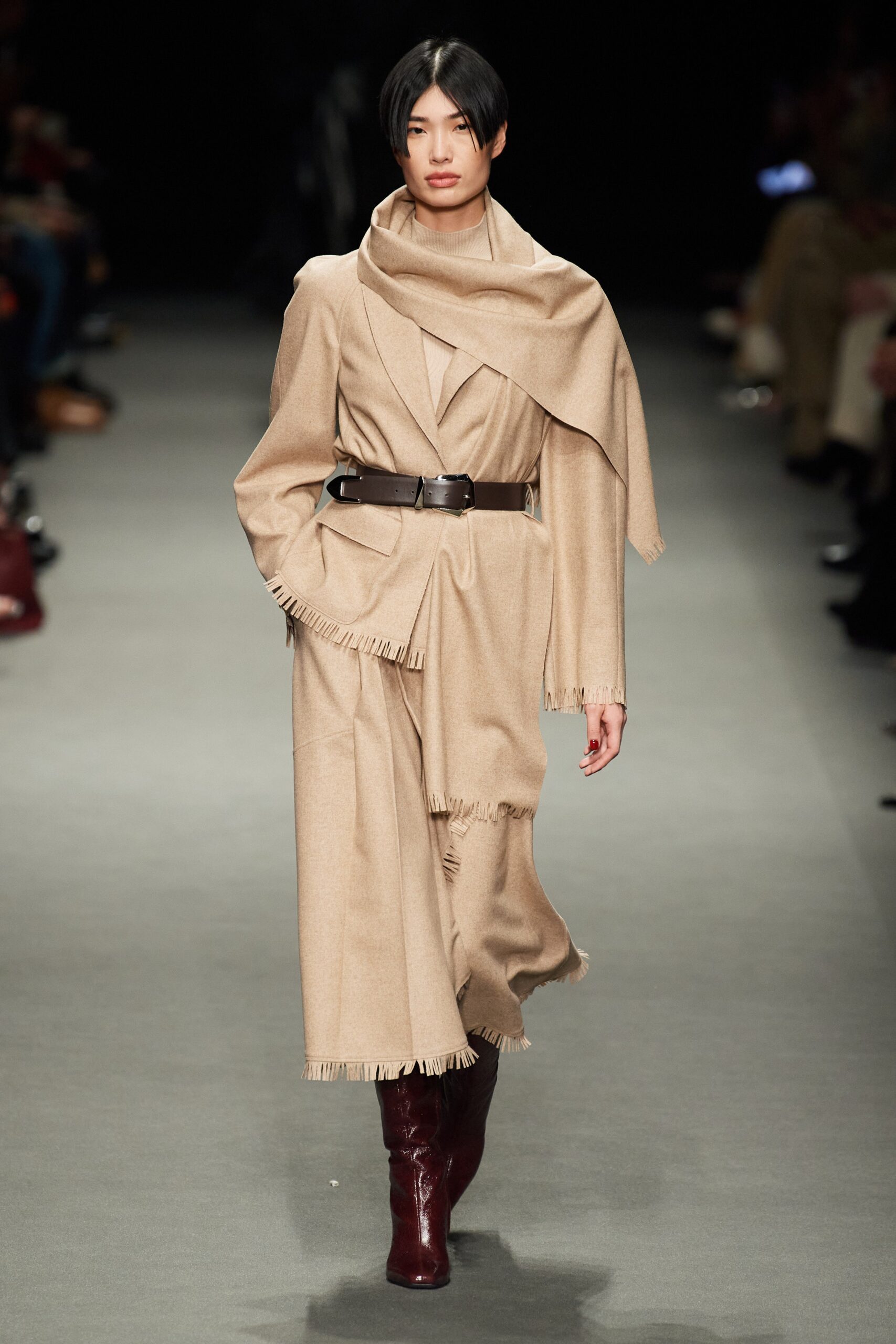 beige wool relaxed midi dress with fringes