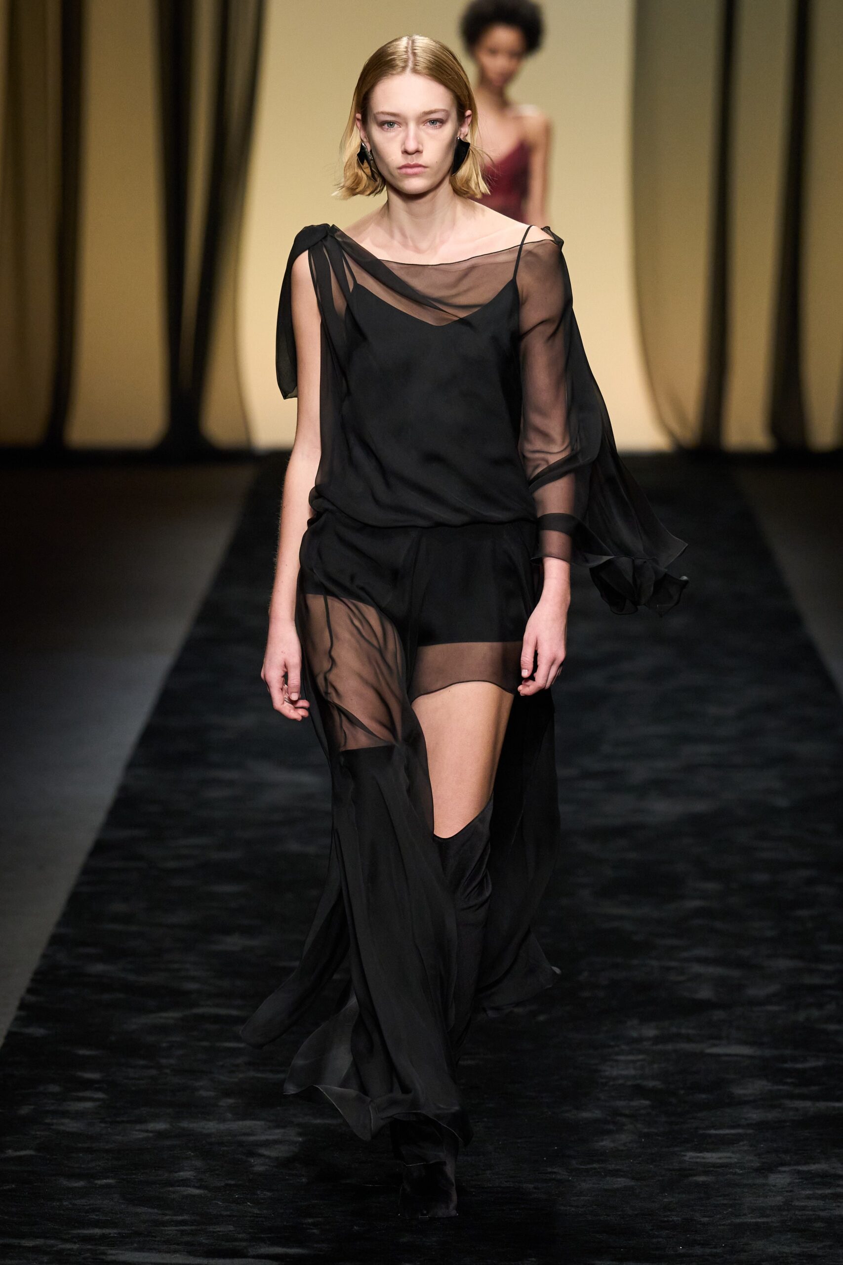 black silk fitted high-waisted straight-leg sheer pants