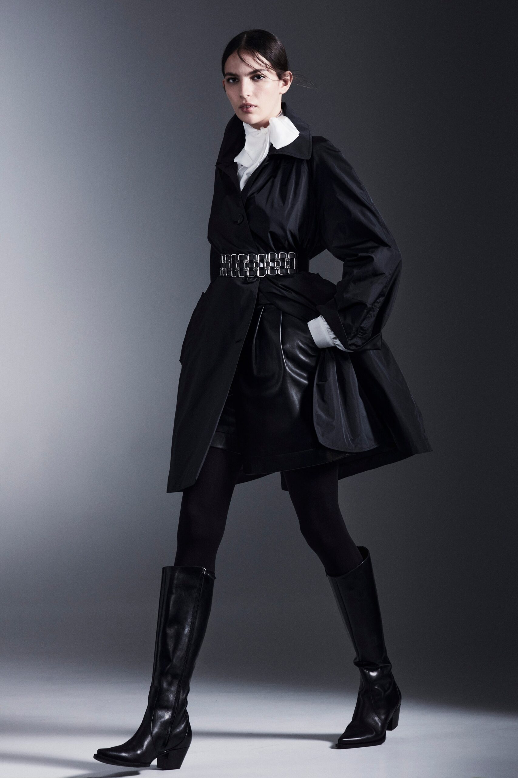 black coat with white shirt