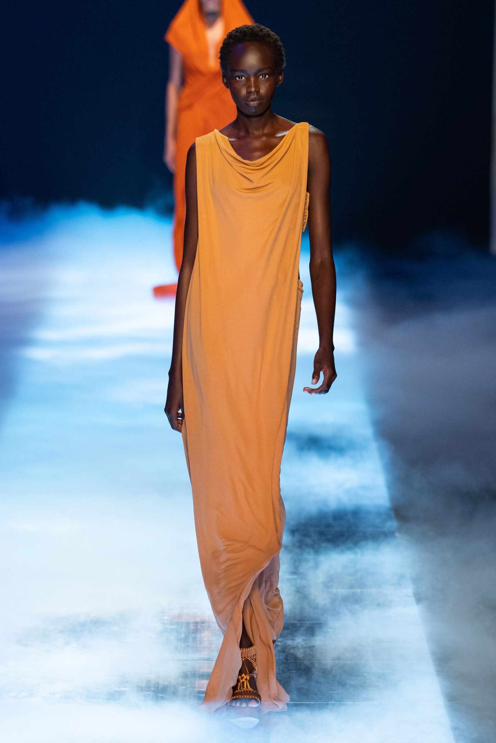 relaxed orange silk maxi dress