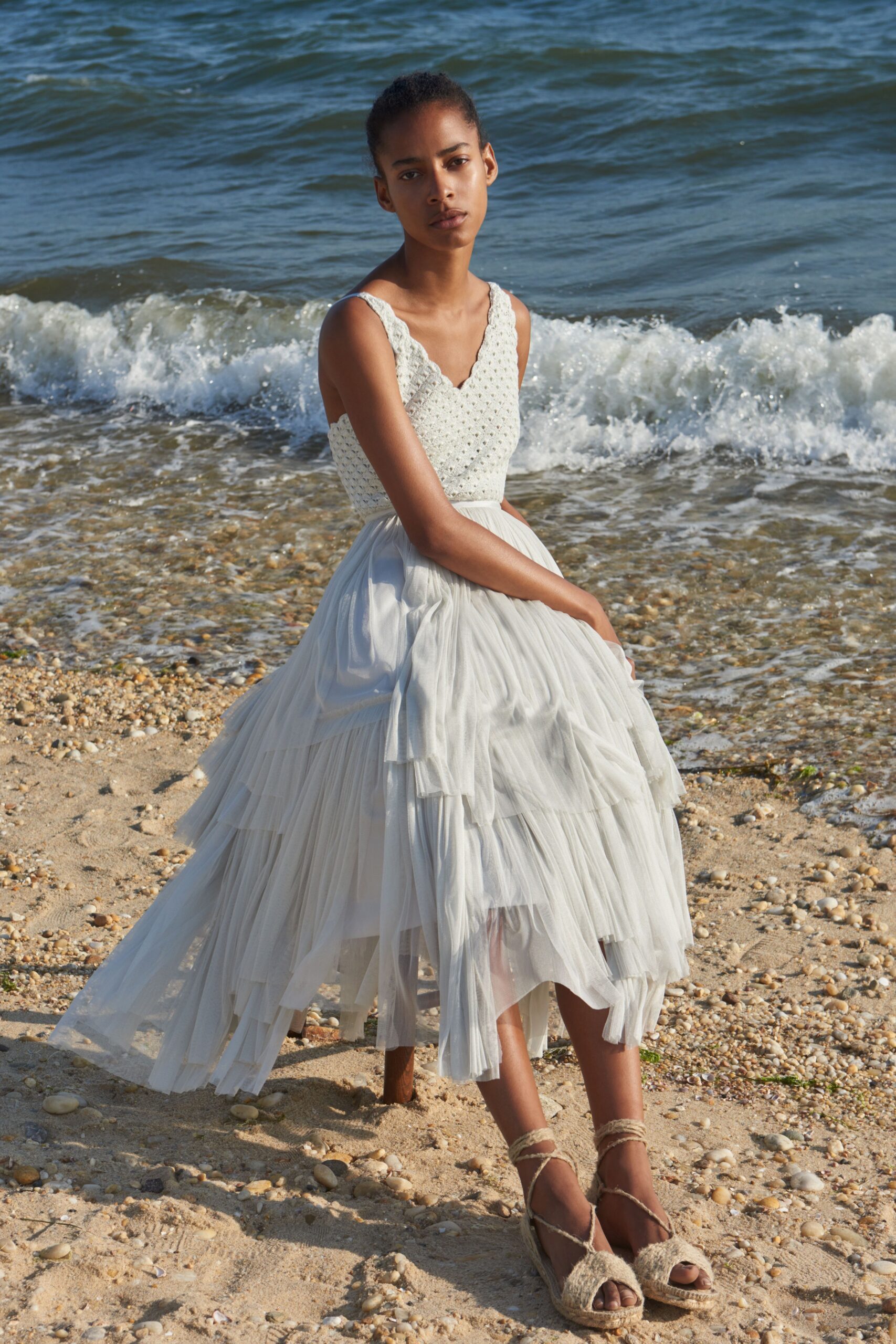white chiffon tiered midi dress