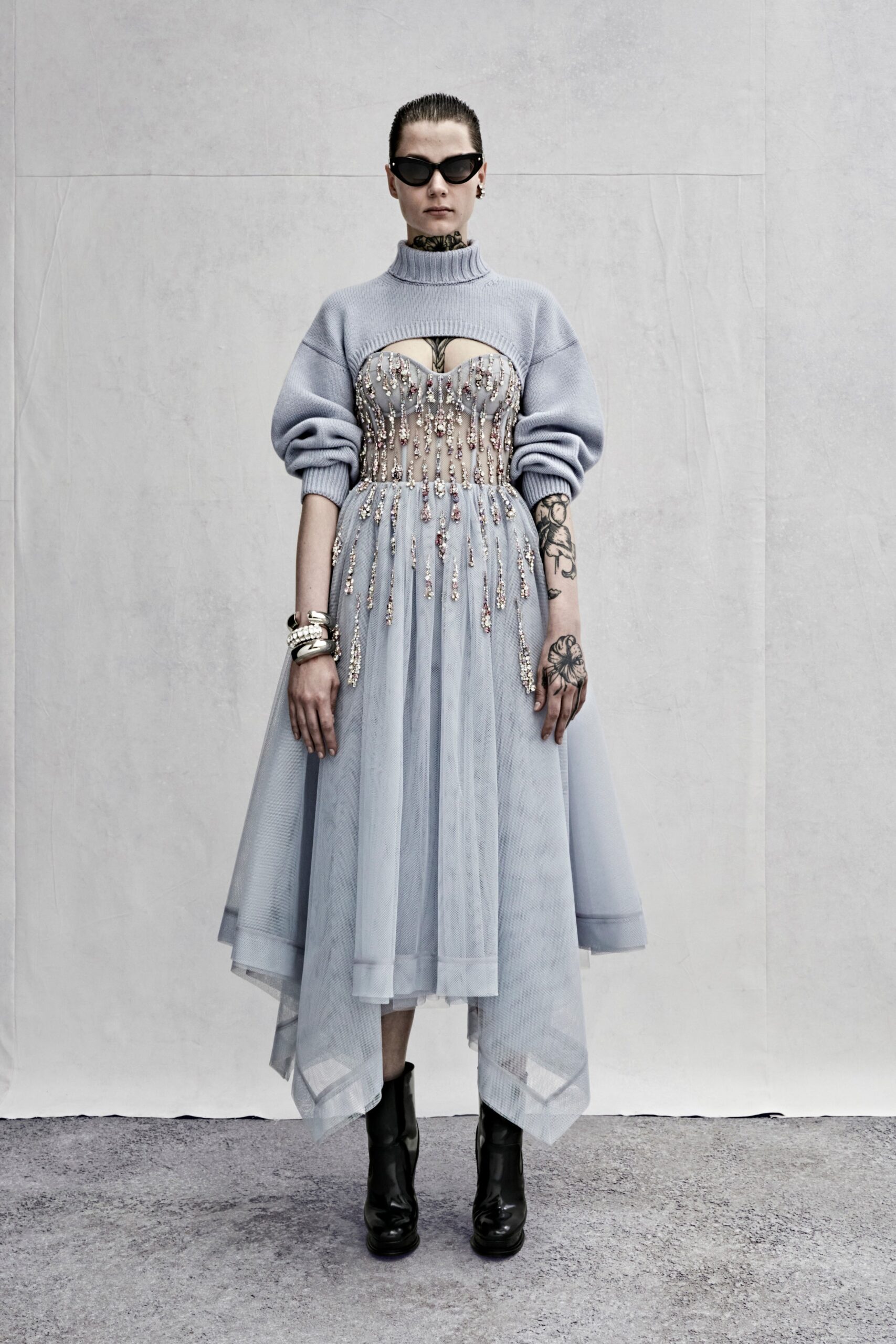 blue tulle sleeveless high-neck fitted pleated embellished dress