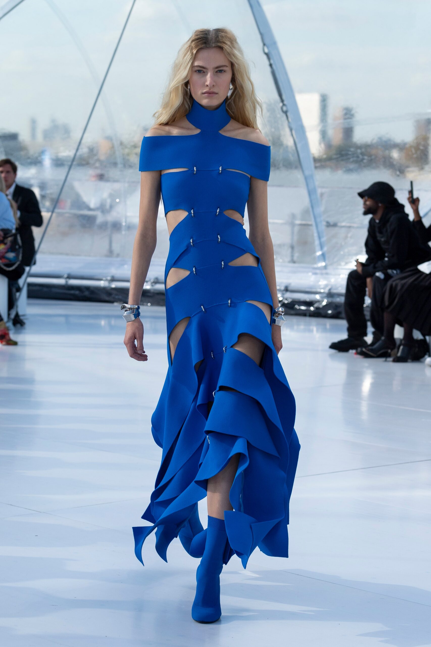 blue neoprene gown with cutouts