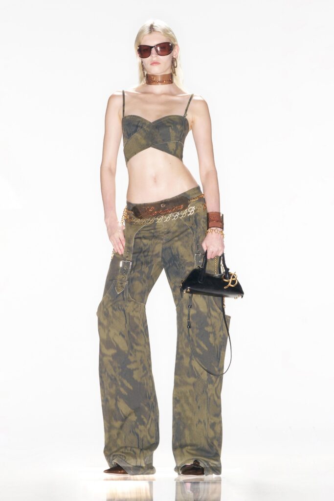 green printed crop-top and relaxed pants