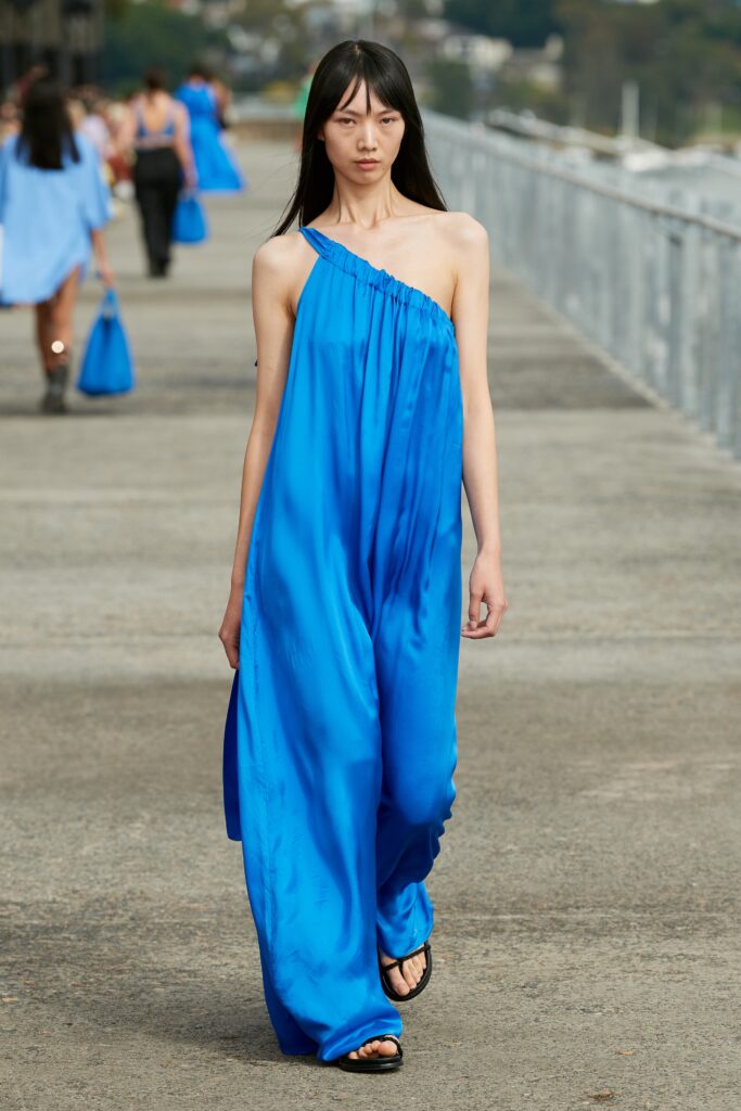 blue silk sleeveless dress