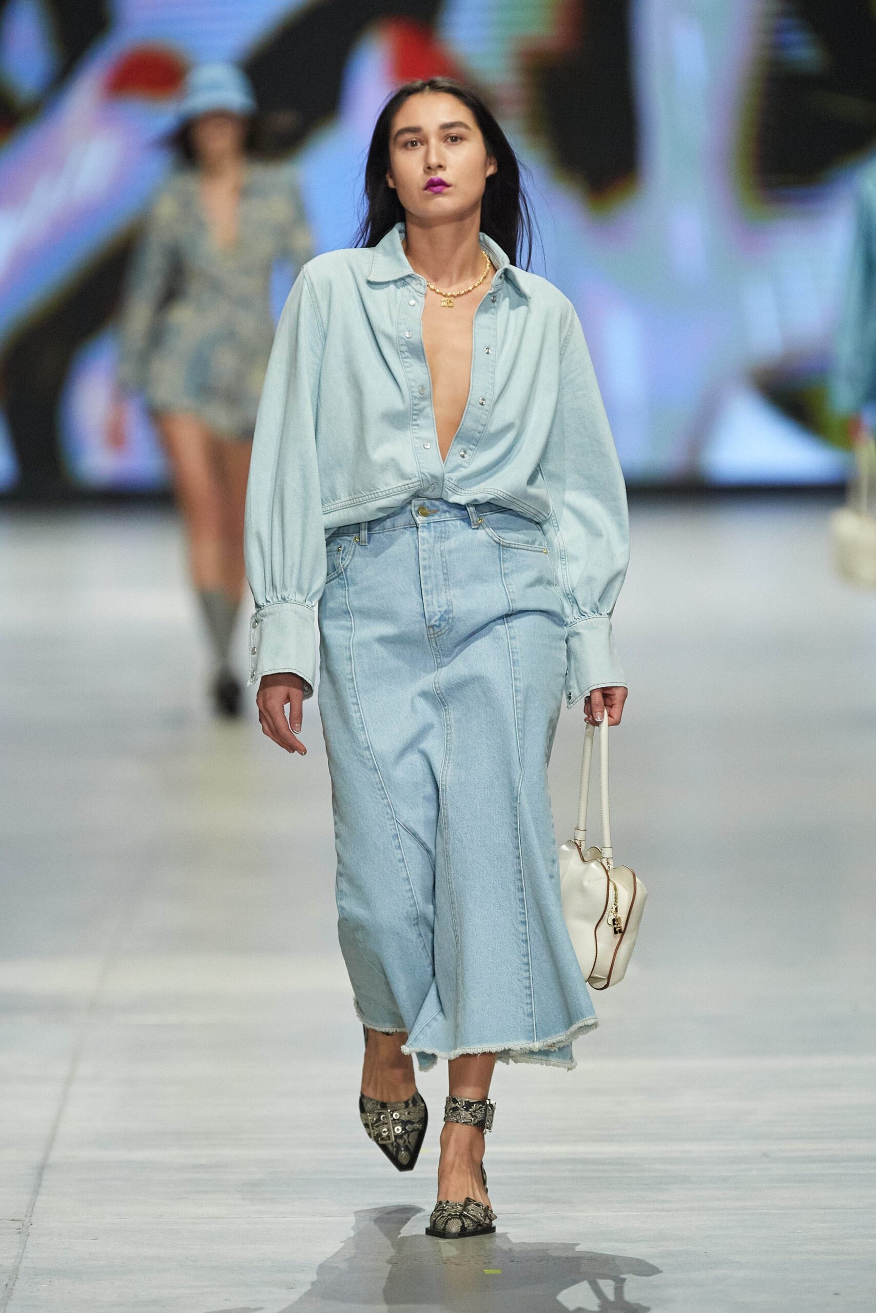 blue denim shirt and skirt