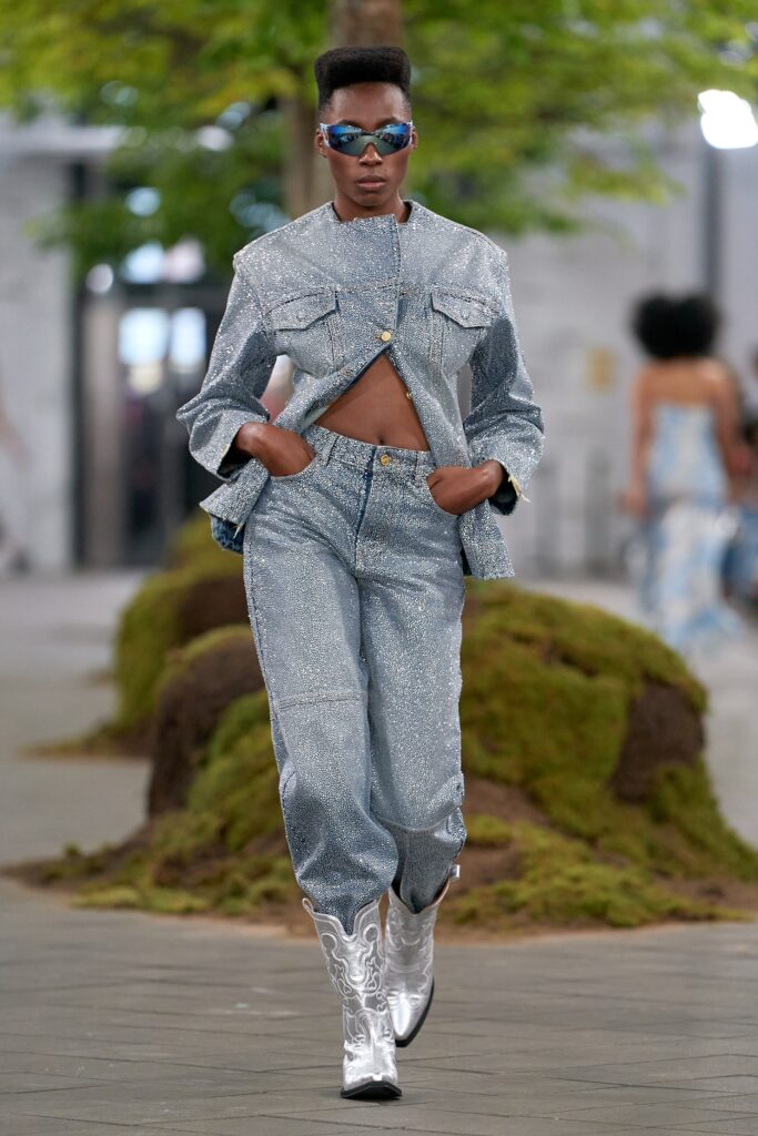 shiny silver denim outfit