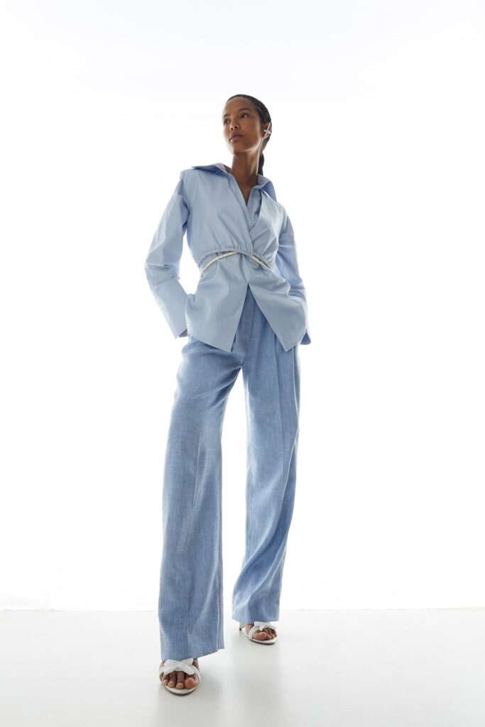 blue cotton relaxed shirt and tailored pants
