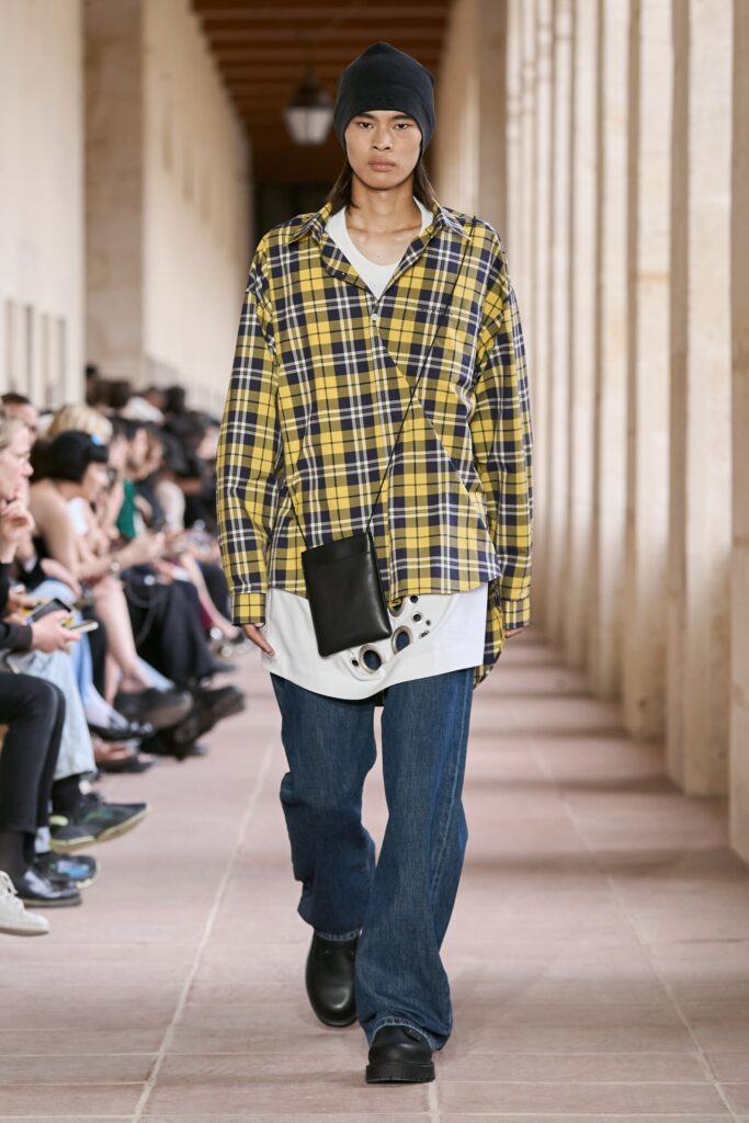 A relaxed yellow checked shirt paired with blue pants, perfect for a casual look.