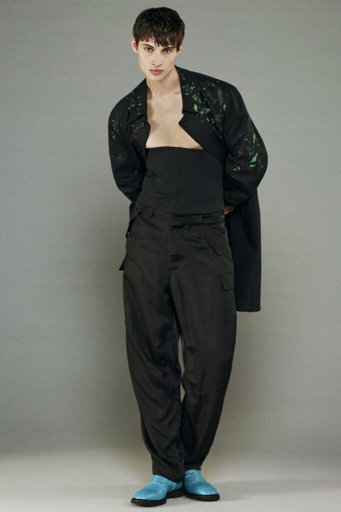 black relaxed coat with cargo pants