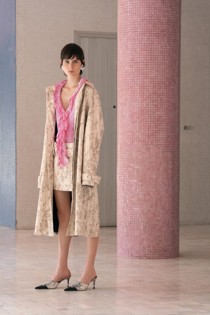 beige silk coat with pink top
