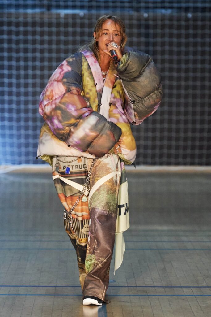 A relaxed multicolor jacket with long sleeves paired with printed pants.