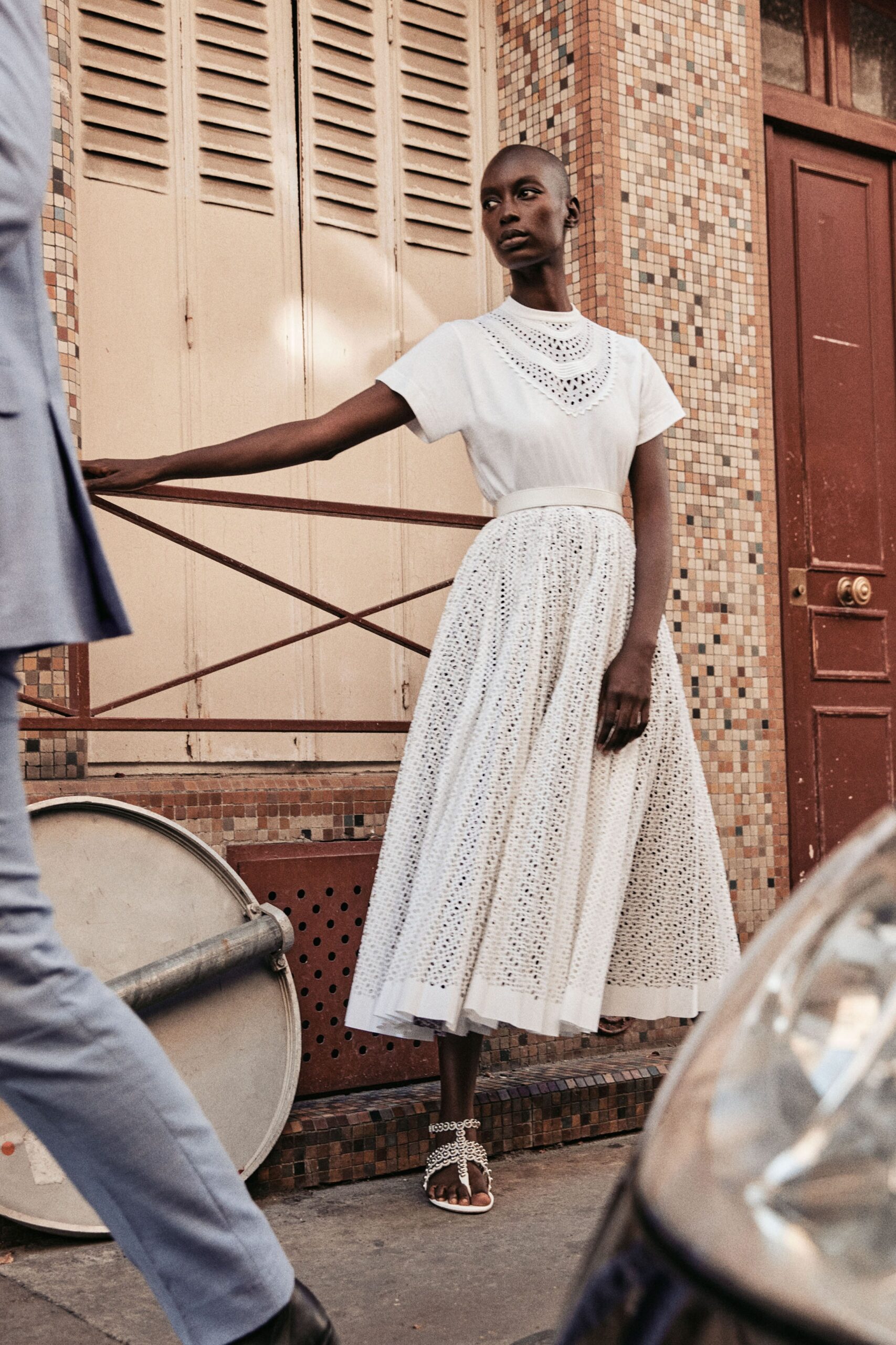 white cotton fitted high-waisted pleated midi skirt