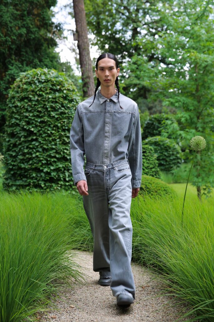 A relaxed gray denim long-sleeve shirt paired with straight-leg pants for a casual look.