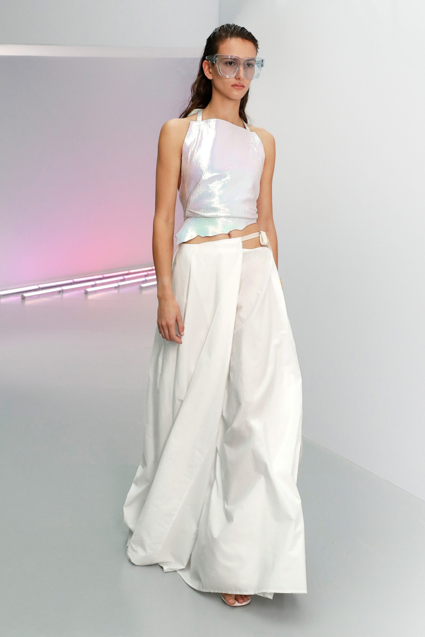 white fitted top and relaxed pants