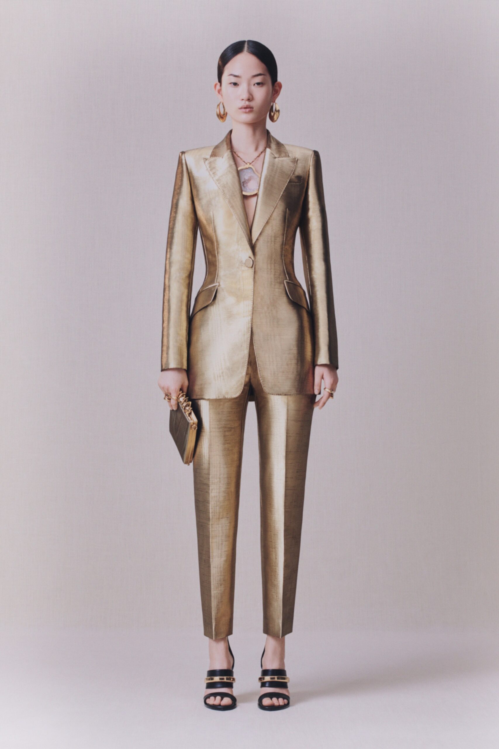 gold tailored silk suit