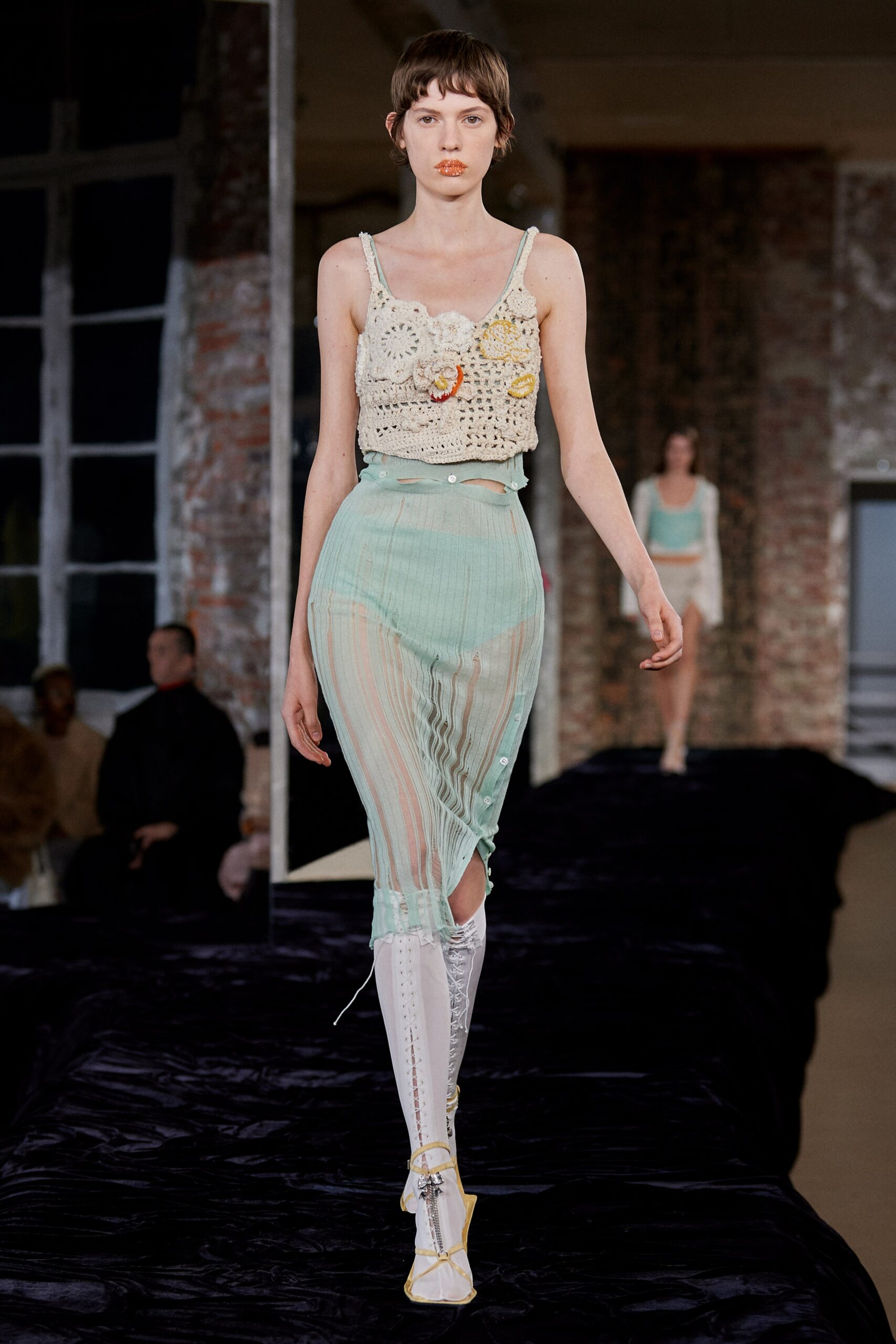 fitted crochet top and mint skirt