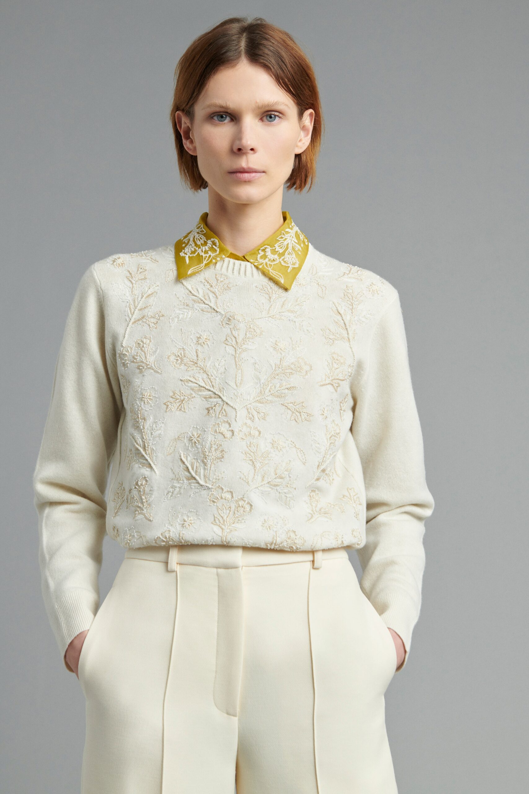 white wool long-sleeve collared fitted embroidered sweater