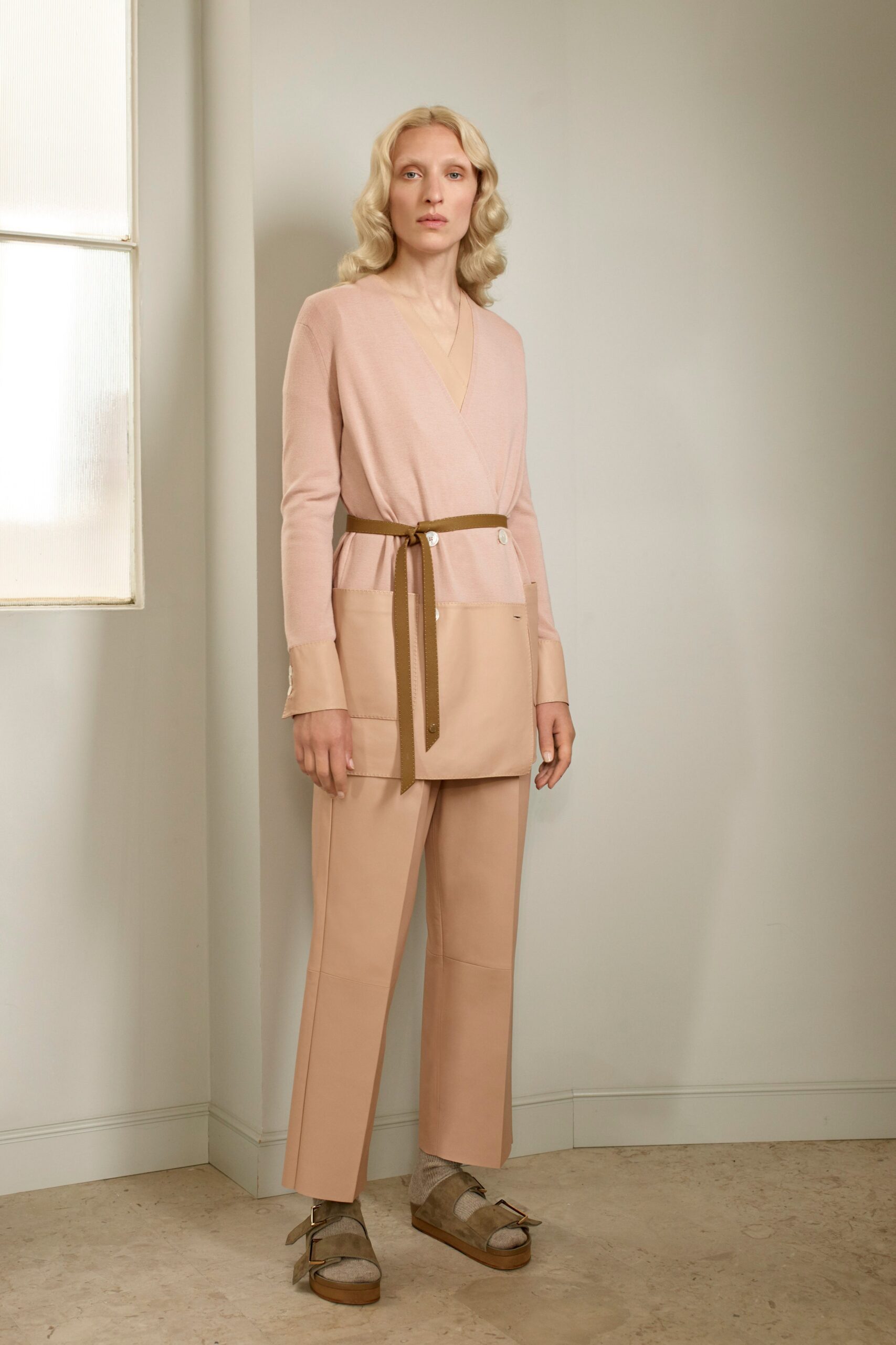 pink cotton long-sleeve v-neck relaxed belted top