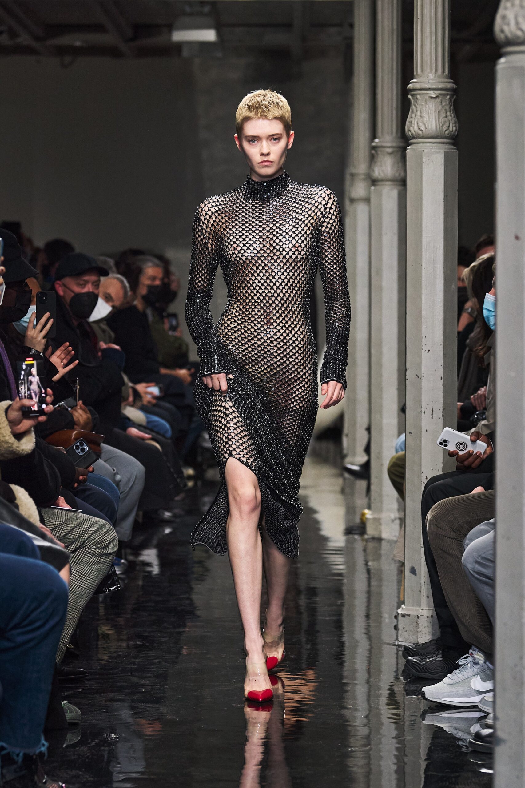 black mesh fitted dress with slit