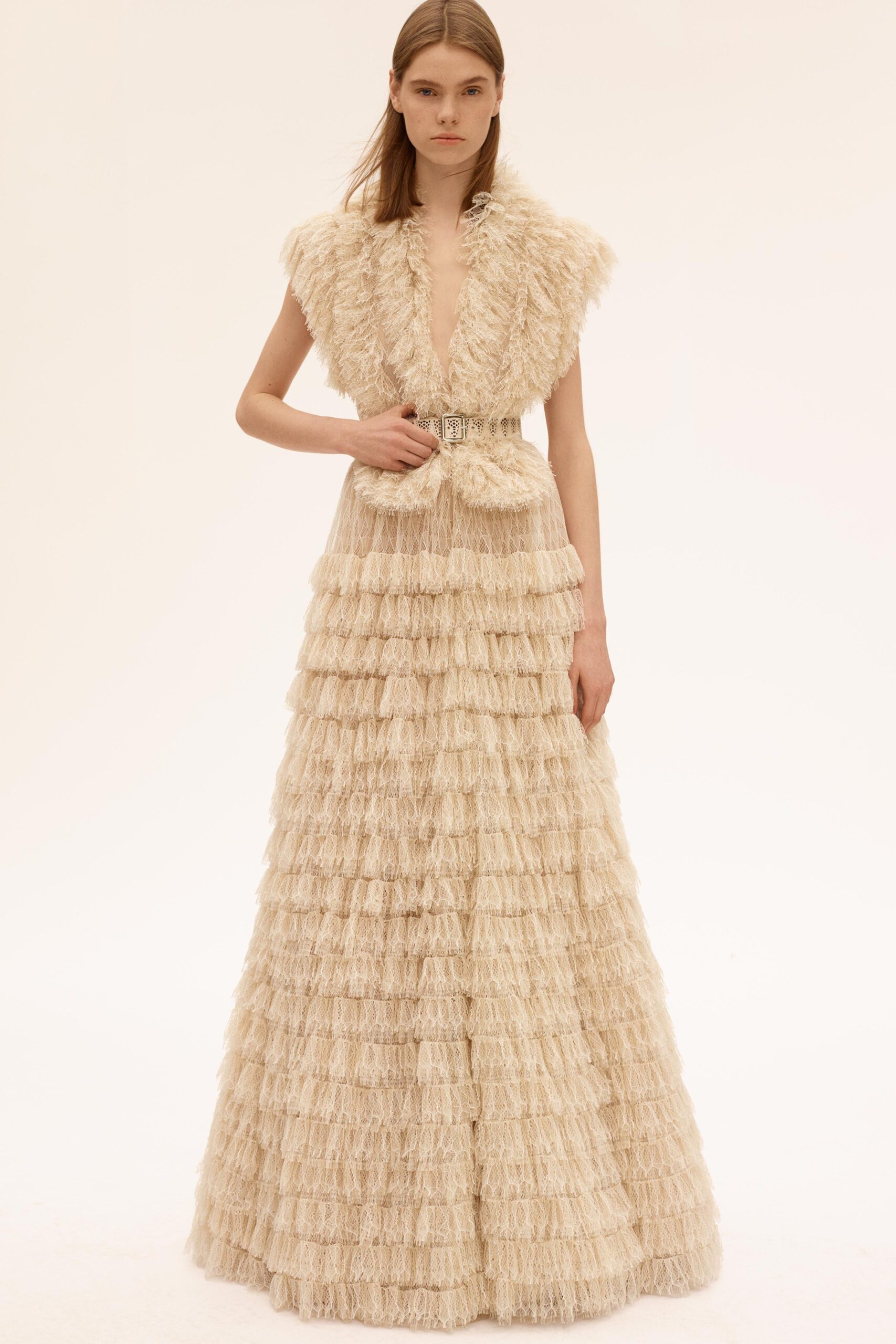beige silk sleeveless gown