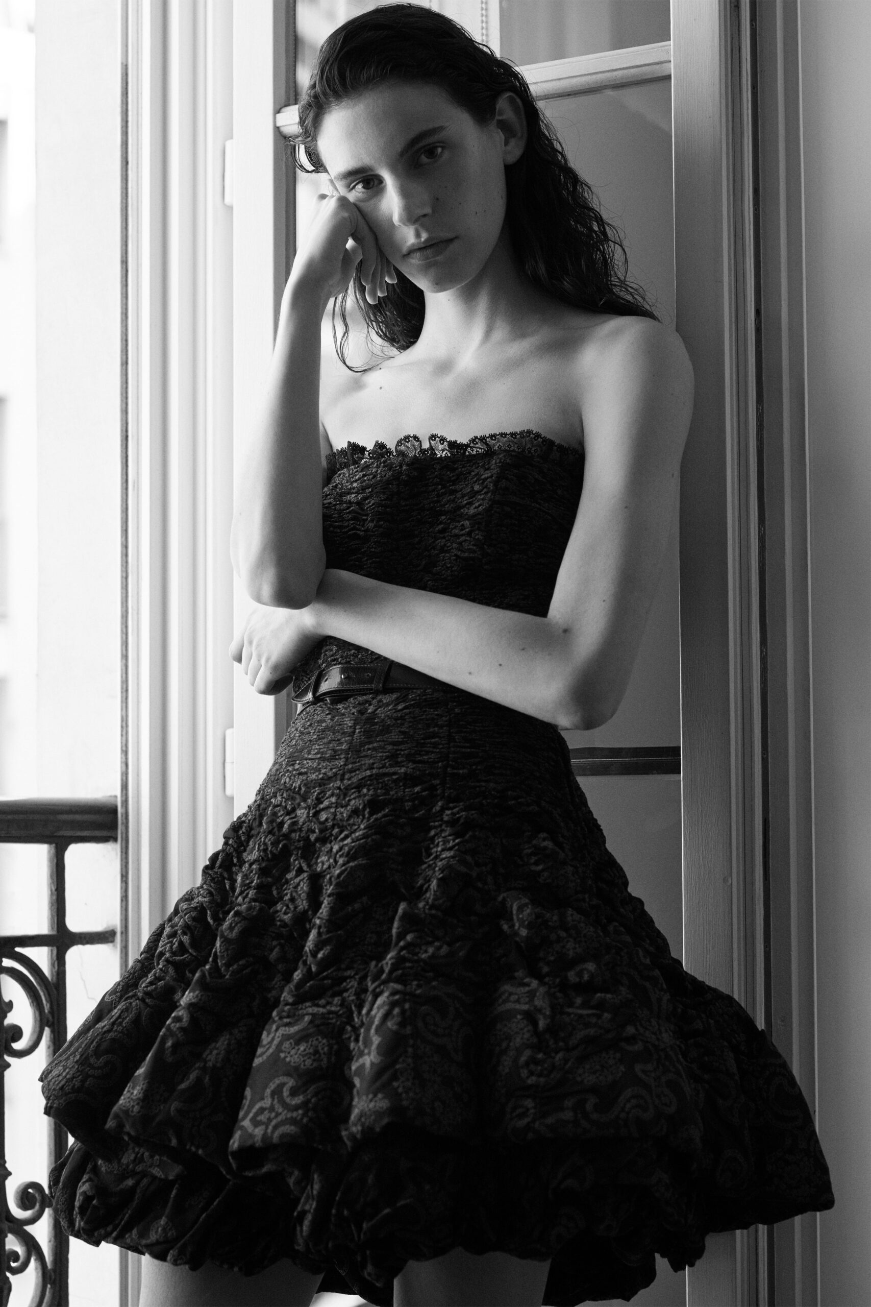 black lace strapless mini dress