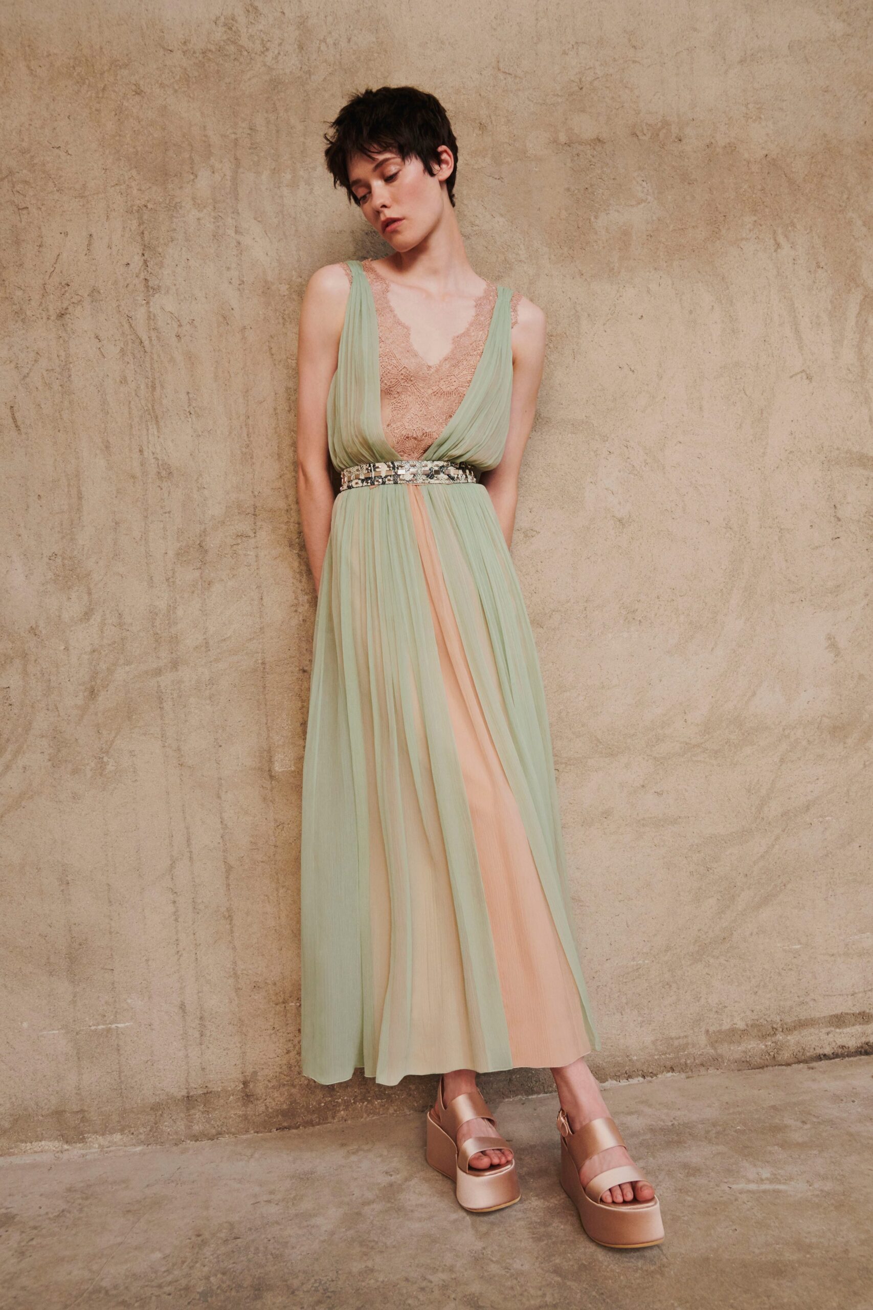 green and peach layered maxi dress