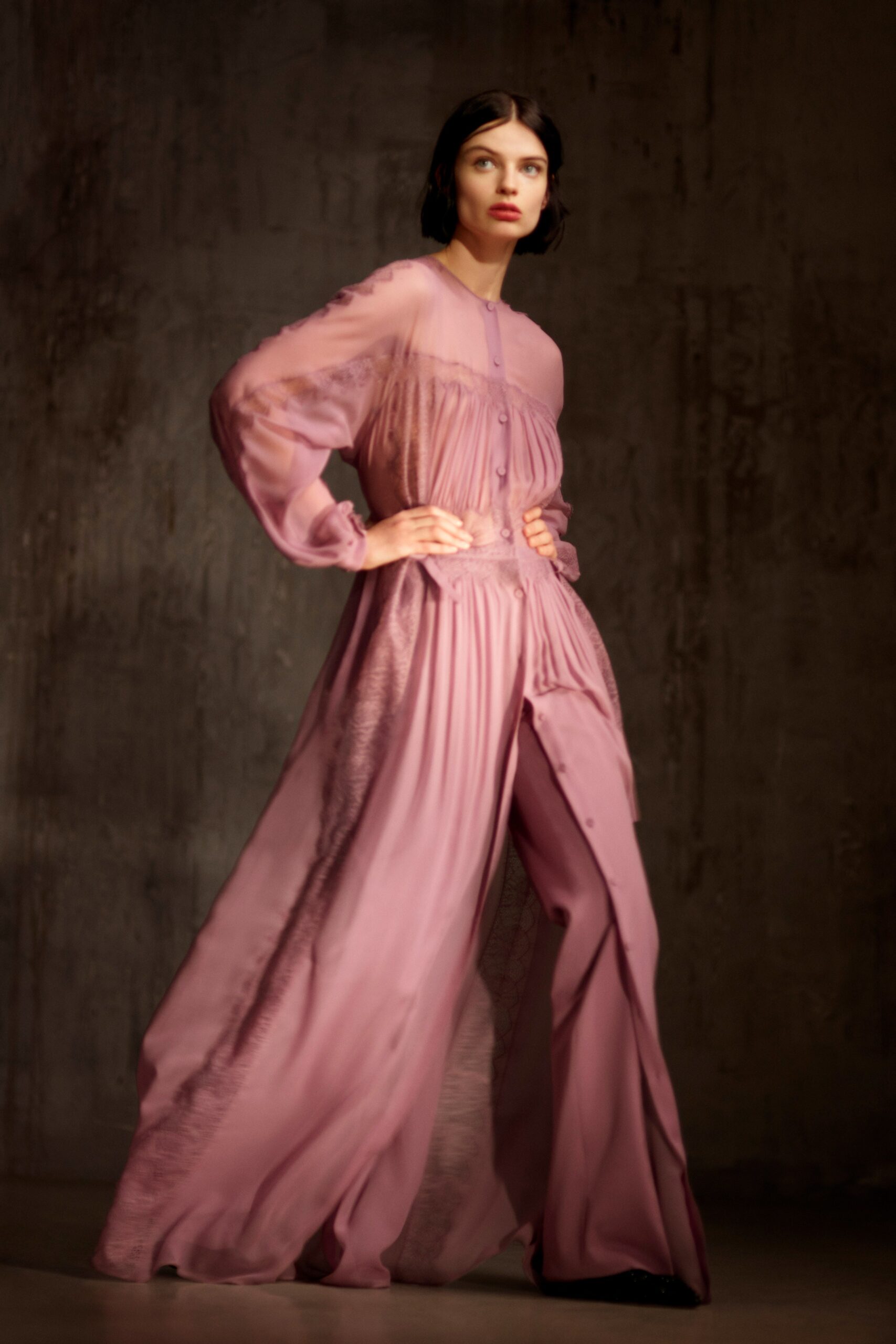 pink chiffon long-sleeve collared relaxed pleated buttoned dress